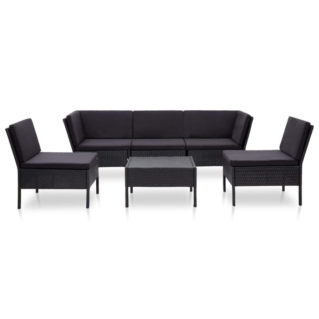 vidaXL Gartenlounge-Set 6-tlg. Garten-Lounge-Set mit Auflagen Poly Rattan Schwarz, (6-tlg)