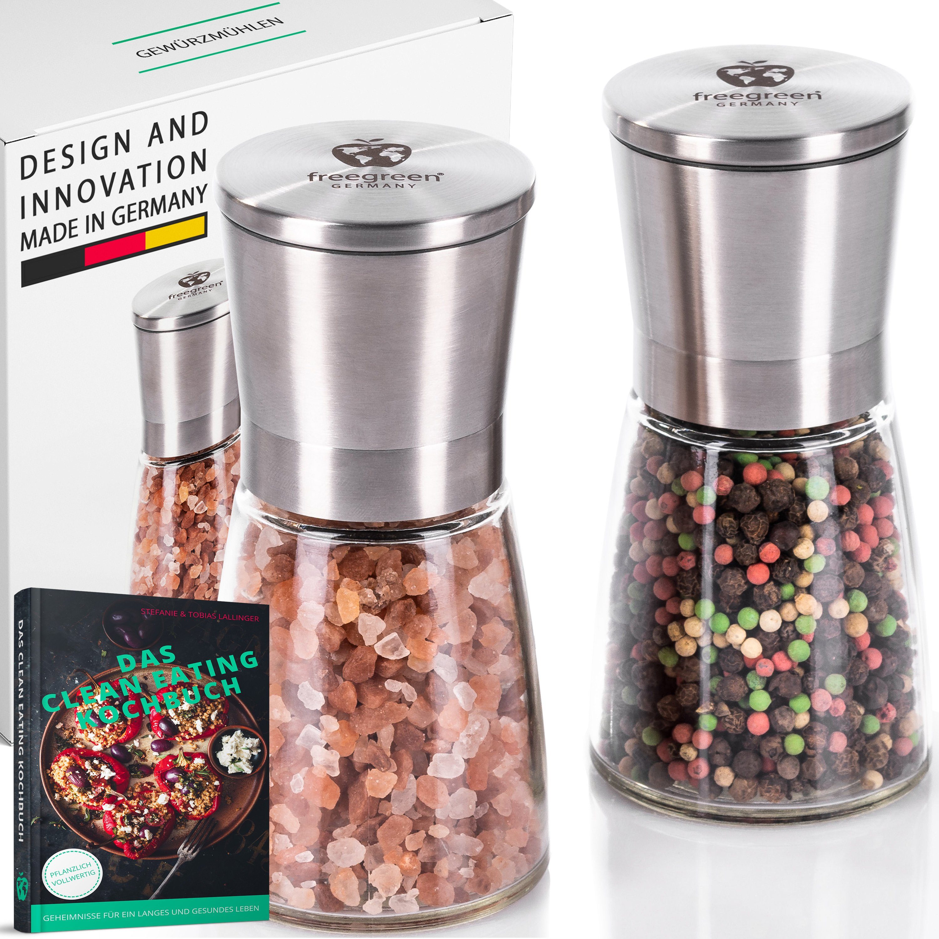 freegreen® Gewürzmühle PREMIUM Salz und Pfeffermühle 14cm 2er Set + Clean Eating Kochbuch Manuell für ein einzigartig gleichmäßiges Mahlergebnis!, mit verstellbarem Keramik-Mahlwerk und Geschenkverpackung