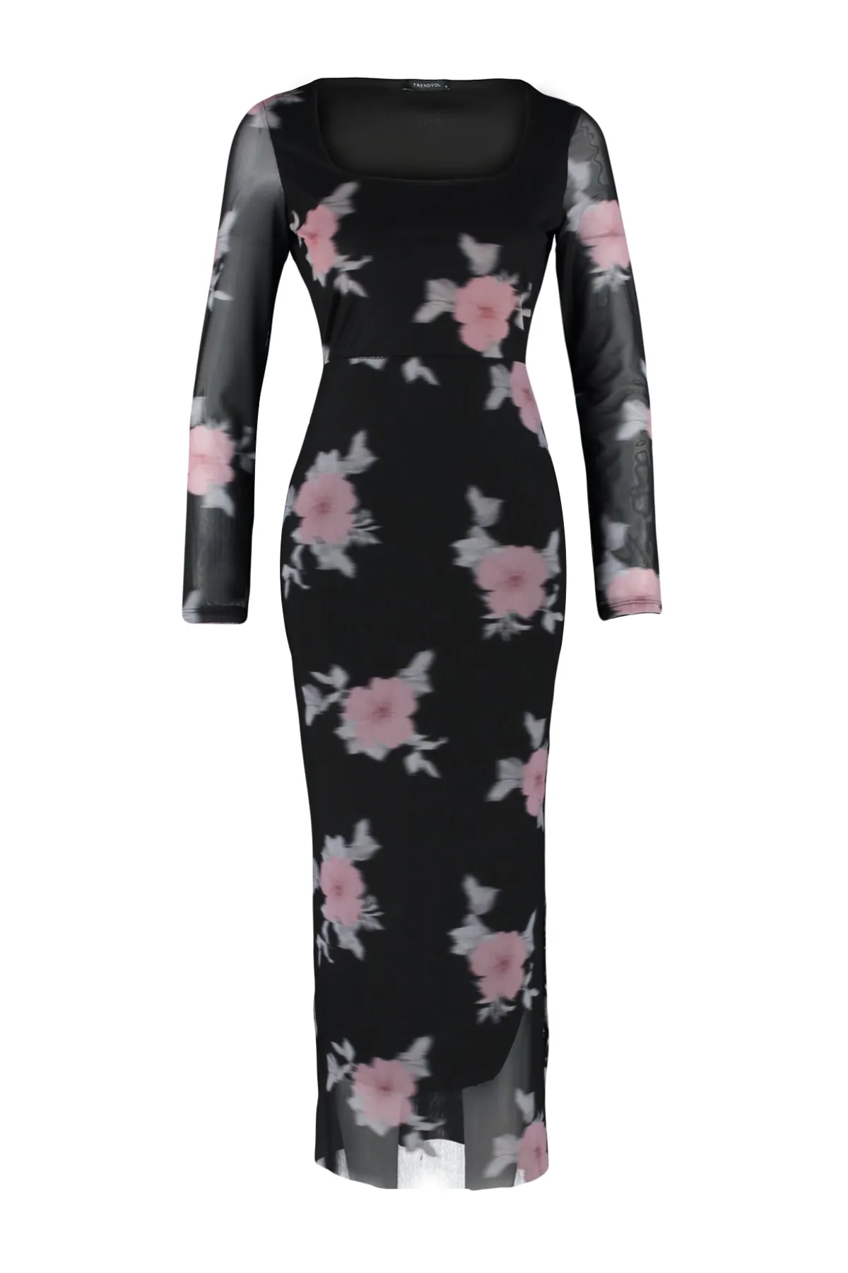 Trendyol Collection  Schwarzes, figurbetontes Maxi-Bleistiftkleid aus flexiblem Strick mit Blumenmuster und quadratischem Kragen aus TWOAW24EL00291