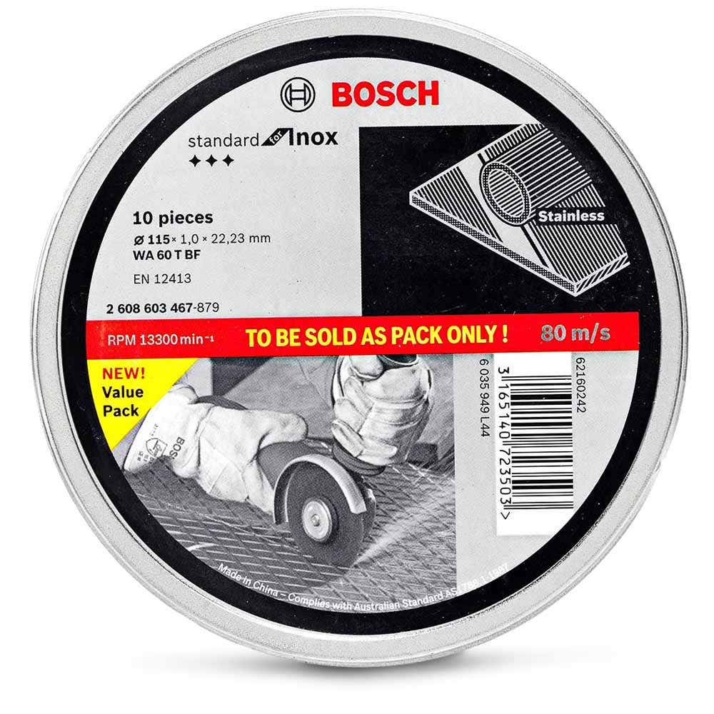 Disco de corte BOSCH 115 x 1,0 mm para aço e aço inoxidável – PADRÃO para aço inoxidável – caixa com 10 unidades