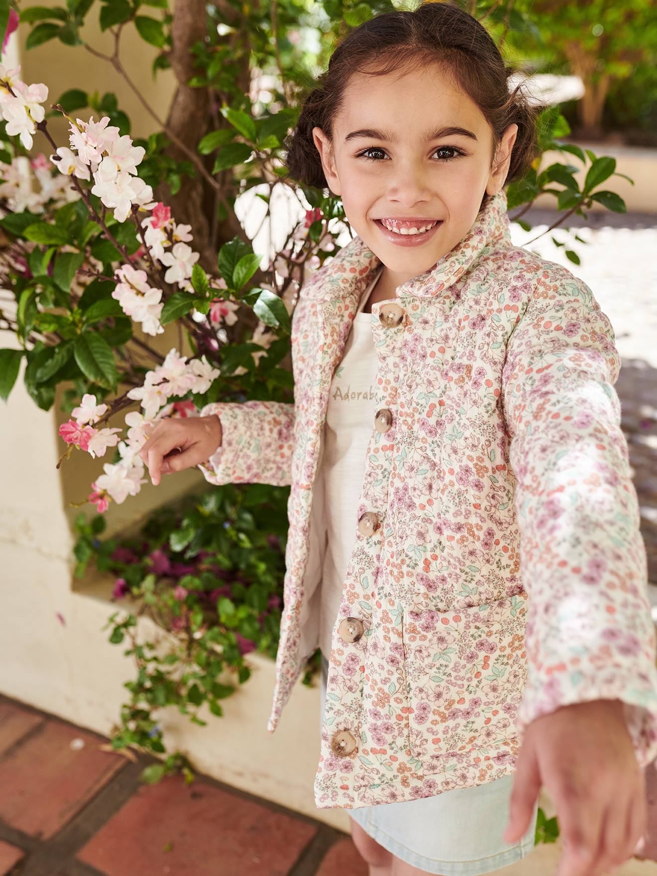 Veste matelassée imprimée fleurs fille écru