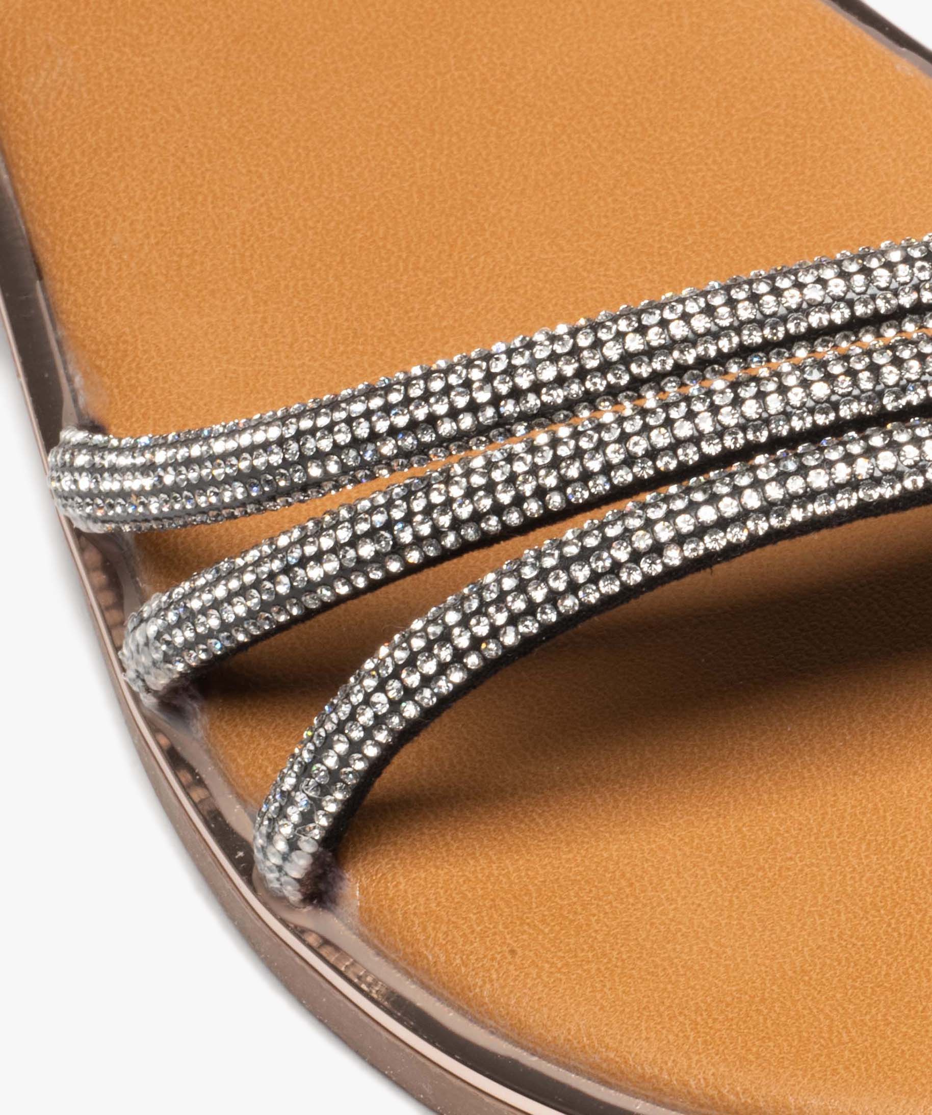 Sandales femme plates avec brides tubulaires à strass noir | GEMO