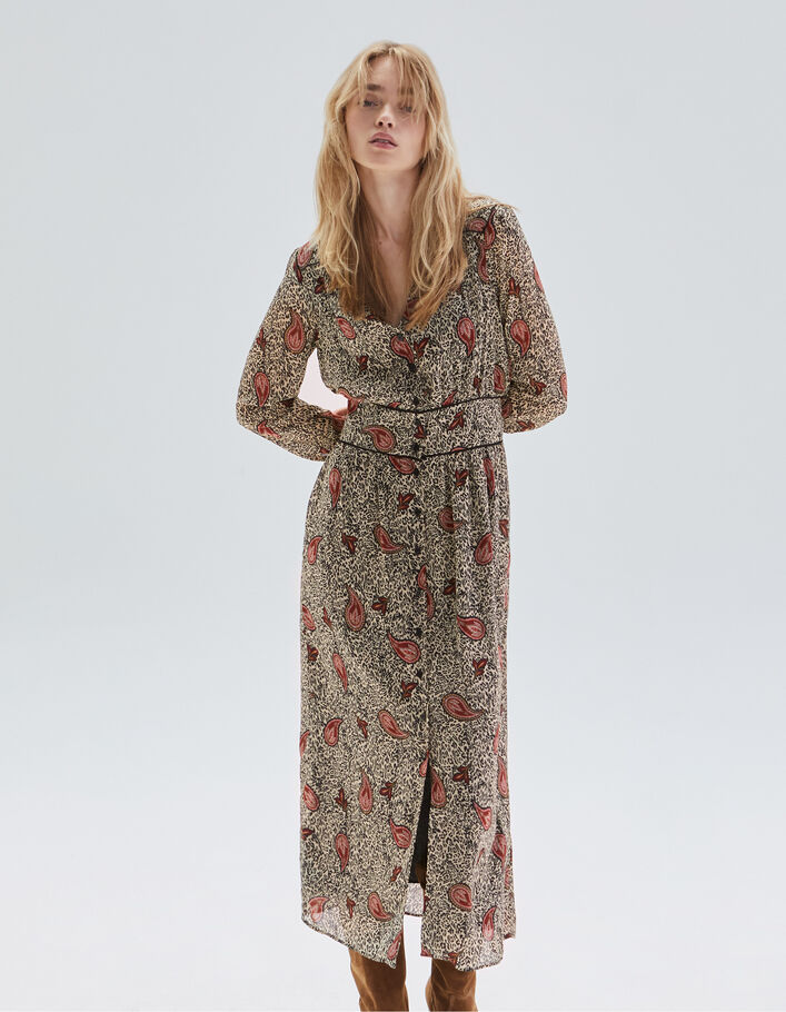Robe longue écrue recyclée imprimé léo cachemire Femme