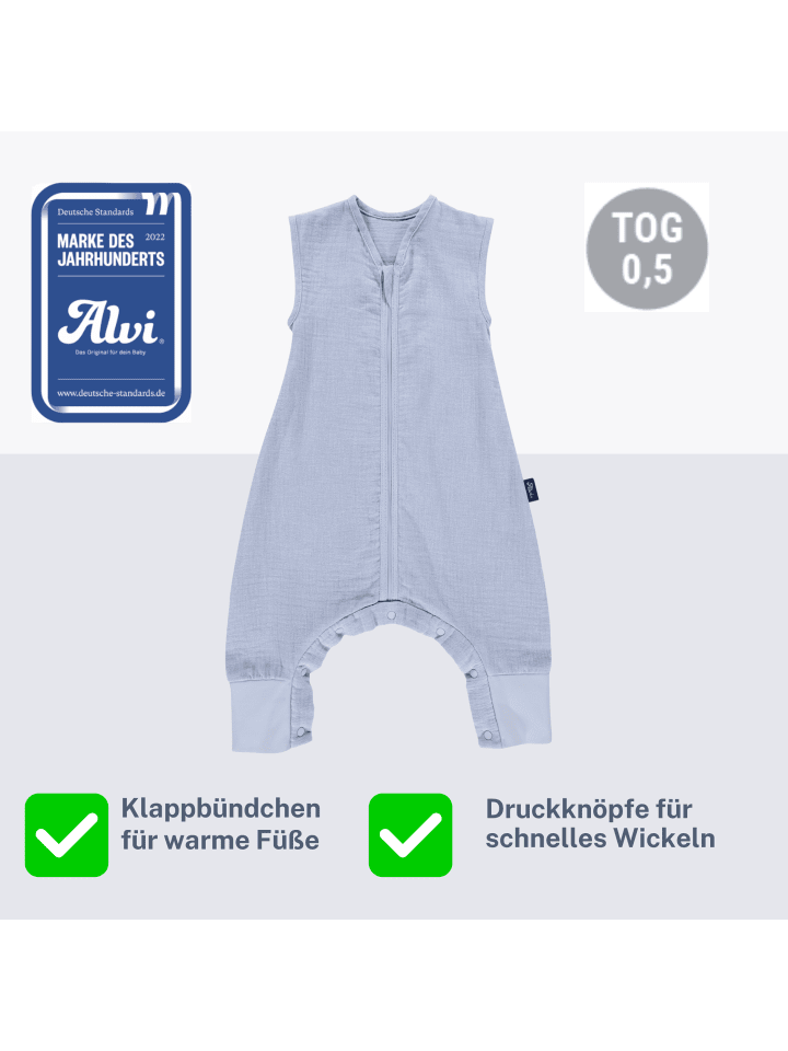 Alvi Sleep-Overall Mull-Schlafsack light Exklusiv in Blaugrau günstig kaufen