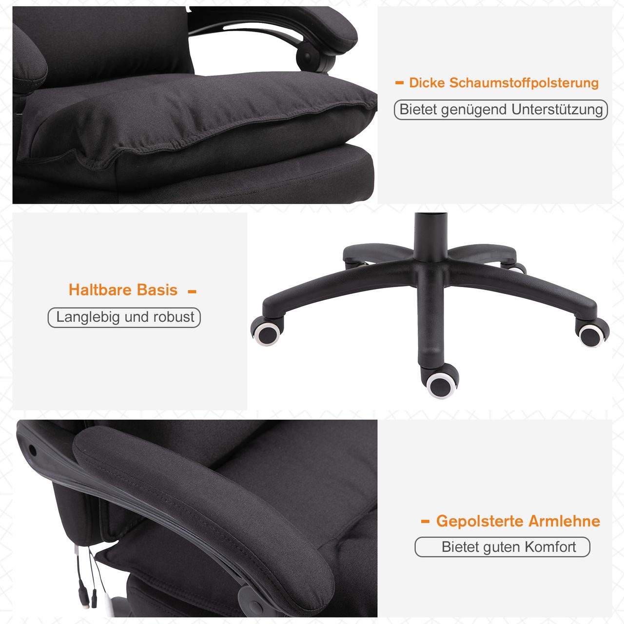 Vinsetto Bürostuhl massage, Chefsessel mit Massagefunktion, Gaming Stuhl, höhenverstellbarer, ergonomischer Drehstuhl, Massage Sessel, Nylon, Schwarz, 70 x 62 x 120-130 cm