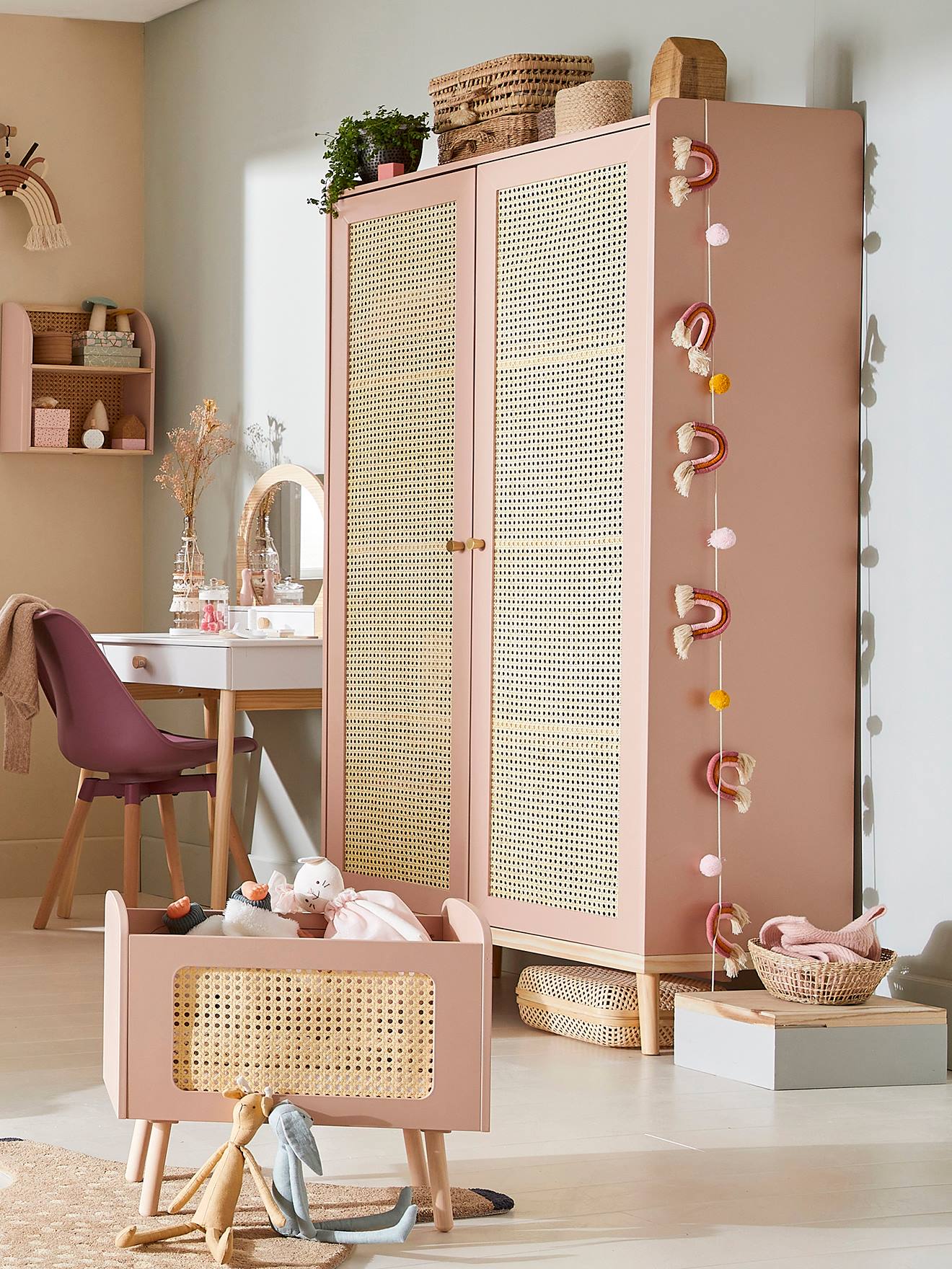 Vertbaudet Kinderzimmer Kleiderschrank POESIE mit Rattan - grün/natur