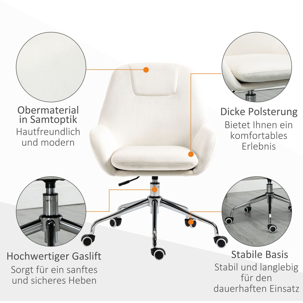 Vinsetto Schreibtischstuhl mit Samt-Optik höhenverstellbarer Arbeitsstuhl Creme