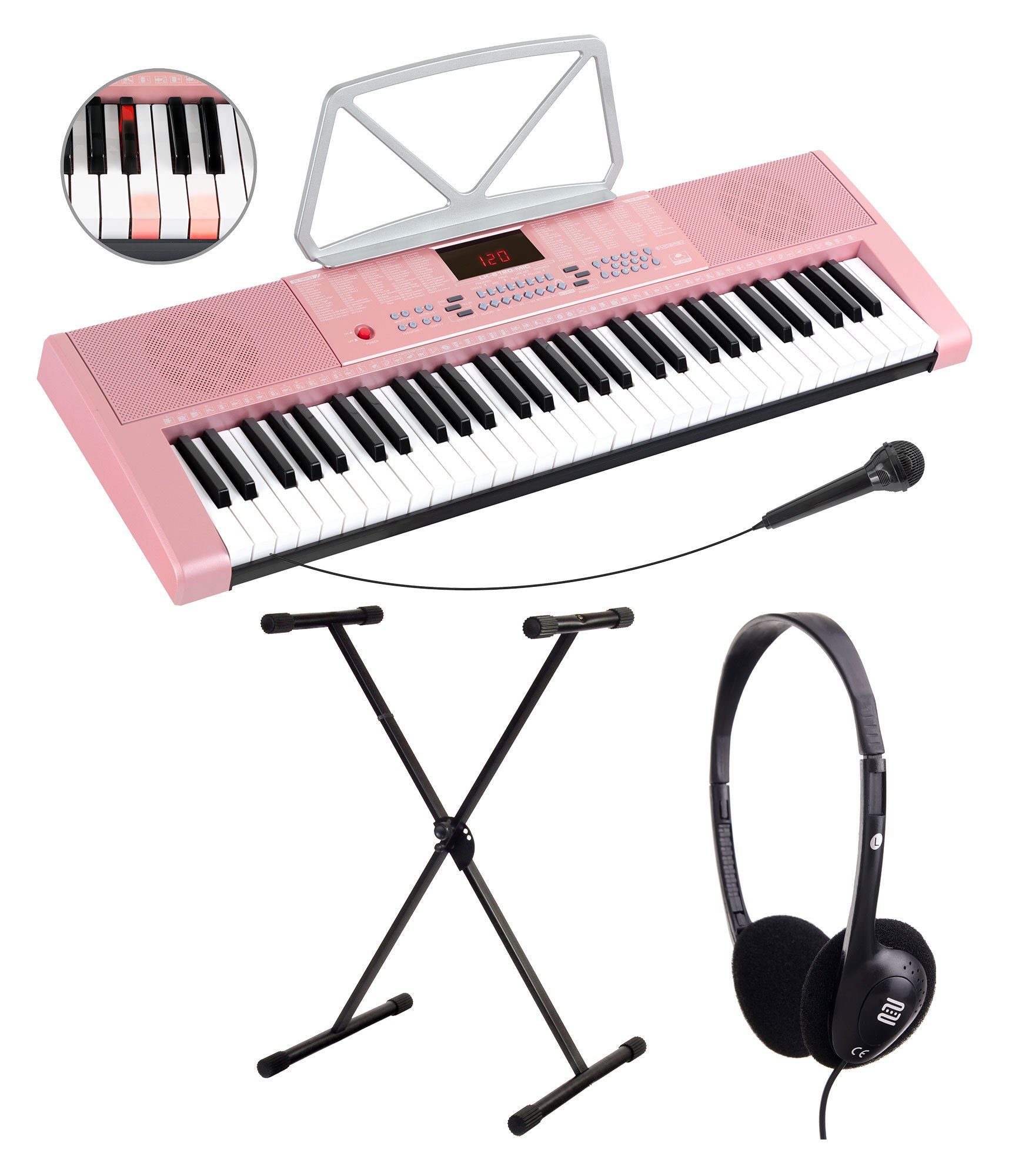McGrey Home Keyboard LK-6120-MIC - Einsteiger-Keyboard mit 61 Leuchttasten, (Spar-Set, 3 tlg., Inkl. Mikrofon, Ständer und Notenhalter), 255 Sounds und Rhythmen - 50 Demo Songs mit Lernfunktionen