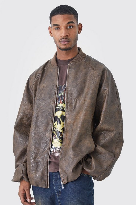 Tall Oversize Vintage PU Raglan Bomberjacke