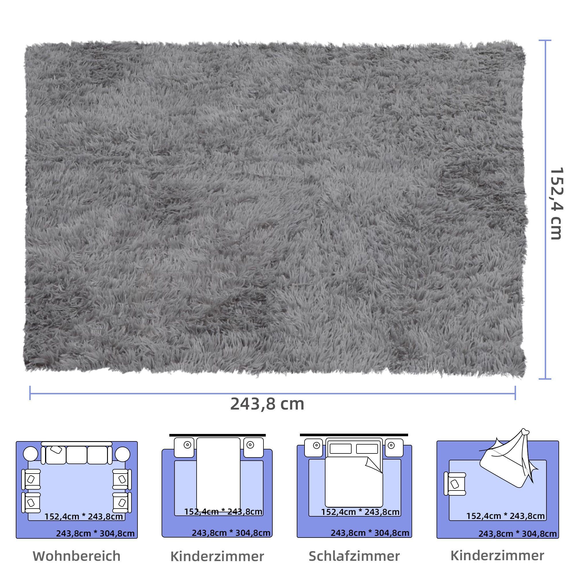 Fellteppich weiche flauschige großer Teppiche, Shaggy, einfarbig, Hochflor-Teppich, NEFOSO, rechteckig, Höhe: 43 mm, modern Deko Teppich, Wohnzimmer Schlafzimmer Kinderzimmer, 243,8x152,4cm