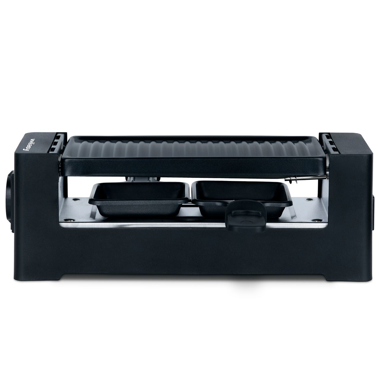 Weasy Wëasy Raclette TIK12 / 2 Personen / Raclette und Grill / Antihaftbeschichtung / verbindbar mit TAK12 und bis zu 4 Geräten / 2 Pfannen und 2 Holzspatel / 400 W / schwarz