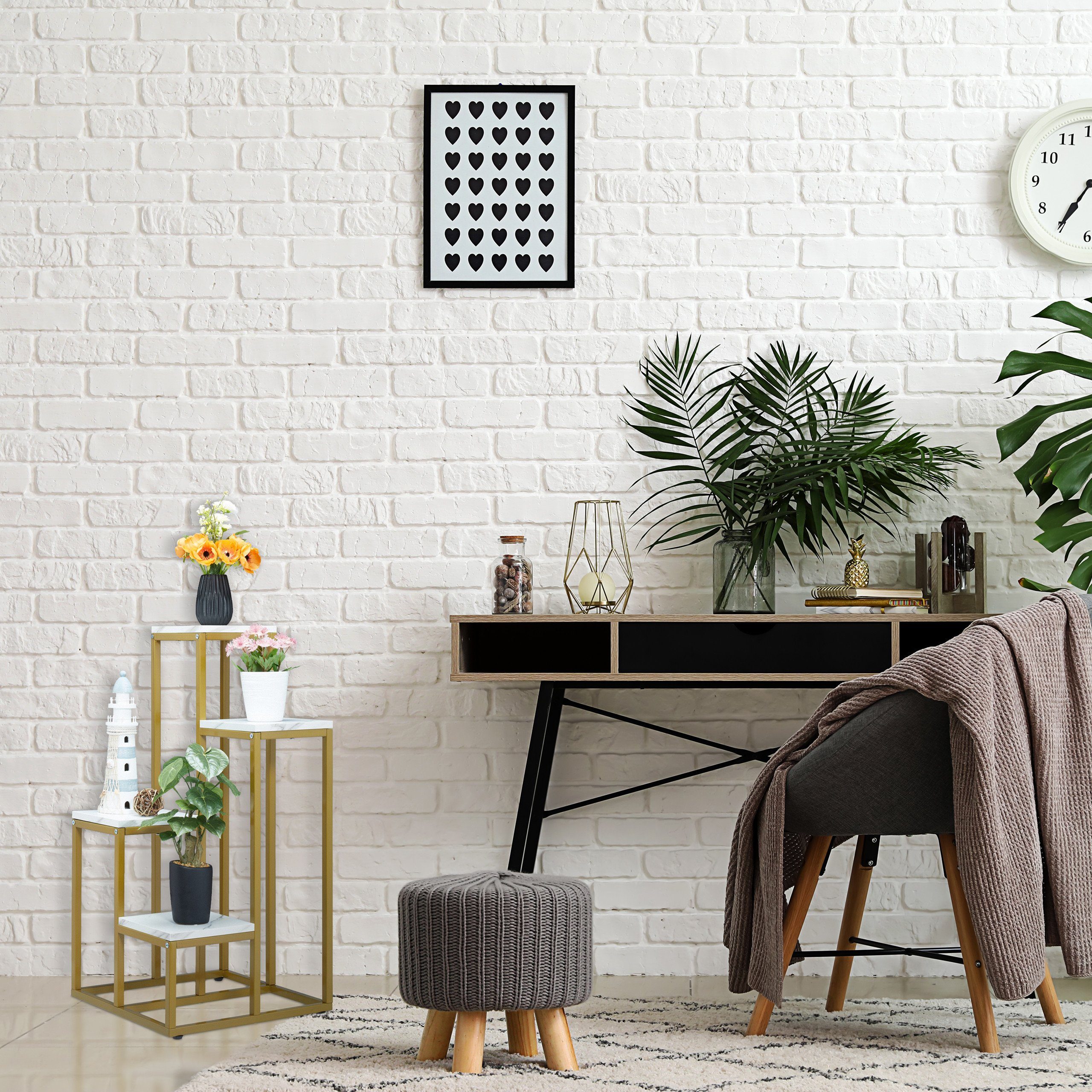 relaxdays Blumenständer Goldene Blumentreppe mit 4 Ablagen, Weiß