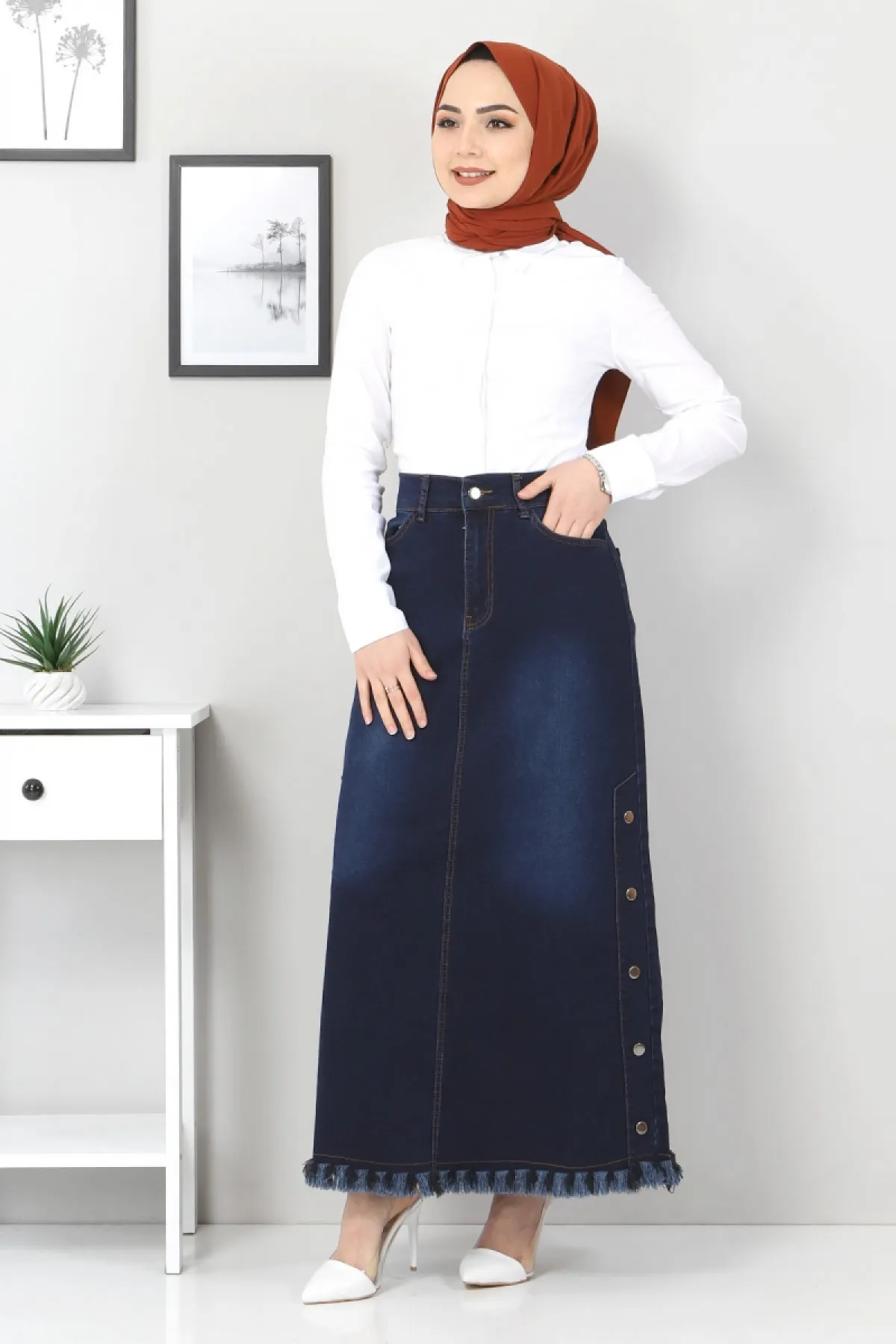 Tesettür Dünyası  Jeansrock mit ausgestellten Seiten Tsd22019 Dunkelblau