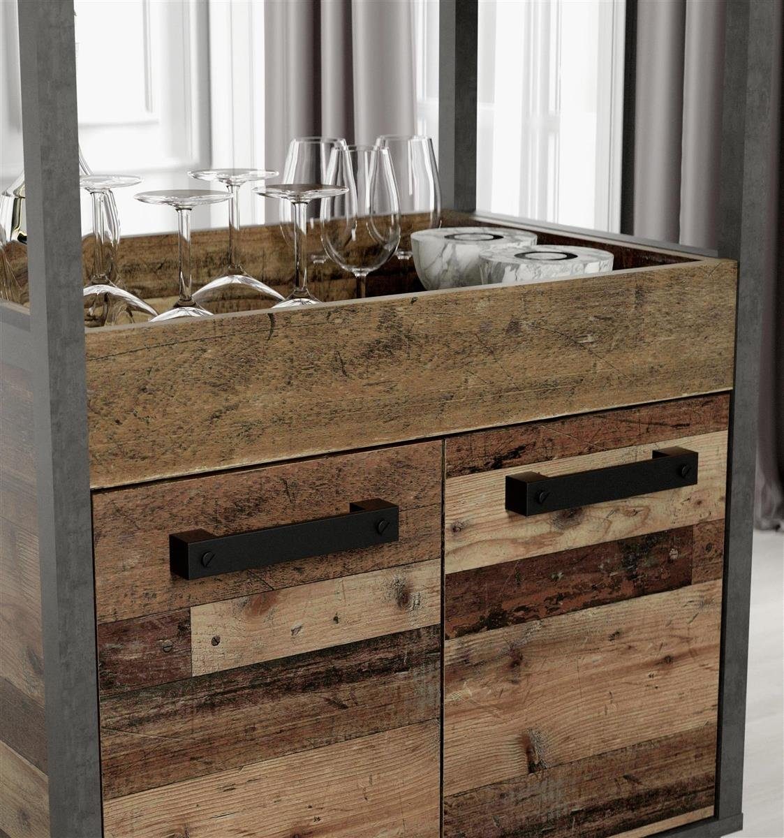 möbelando Barschrank Hydra Barschrank im modernen Industrial-Design aus Spanplatte in Betonoptik Dunkelgrau / Old Wood Vintage Nachbildung mit 2 Holztüren, 2 Ablageböden und 4 Rollen. Breite 60 cm, Höhe 88,5 cm, Tiefe 40 cm