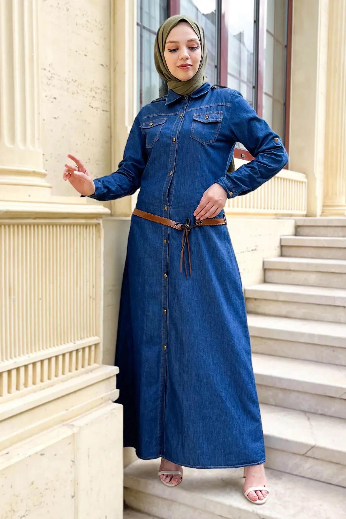 Tesettür Dünyası  Jeanskleid mit Ledergürtel Tsd220838 Dunkelblau