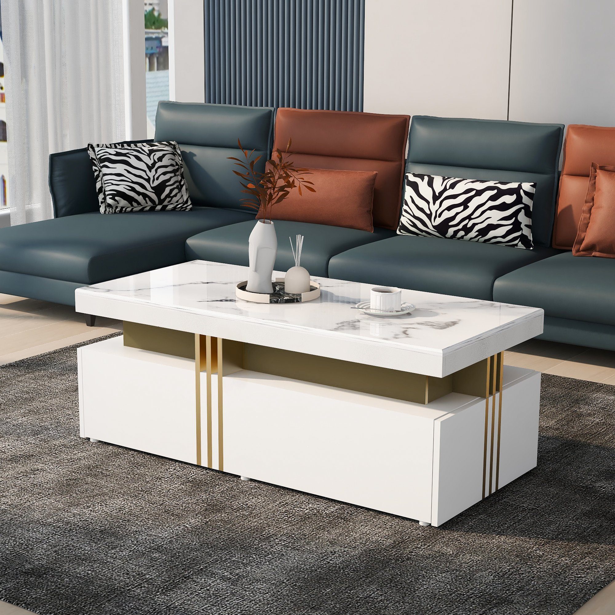 Odikalo Couchtisch Teetisch rechteckig Wohnzimmer 2 Holzschubladen Marmor Schwarz/Weiß