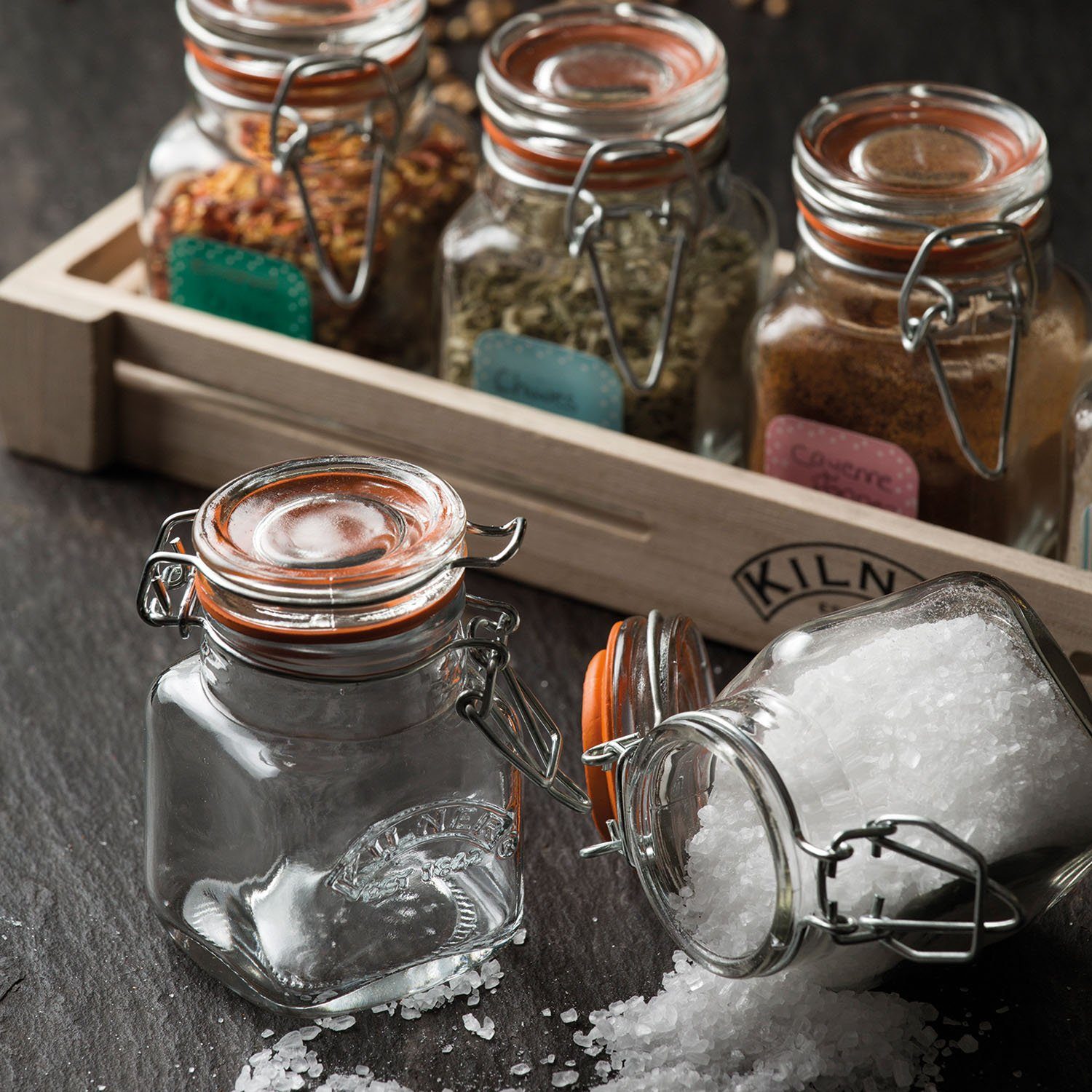 KILNER Gewürzbehälter, Glas, (Set, 7-tlg), Holzkasten, 6 x 70 ml, geeignet für Kräuter und Gewürze