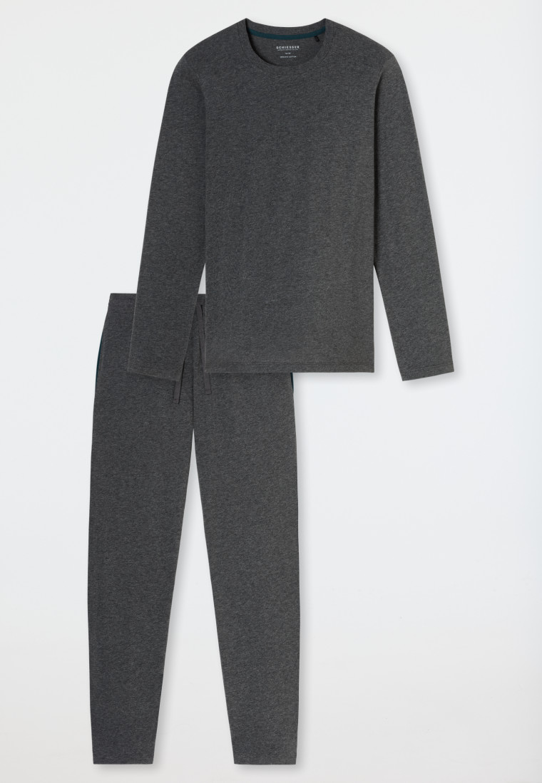 Schlafanzug Doppelripp lang Bündchen dunkelgrau meliert - Modern Nightwear
