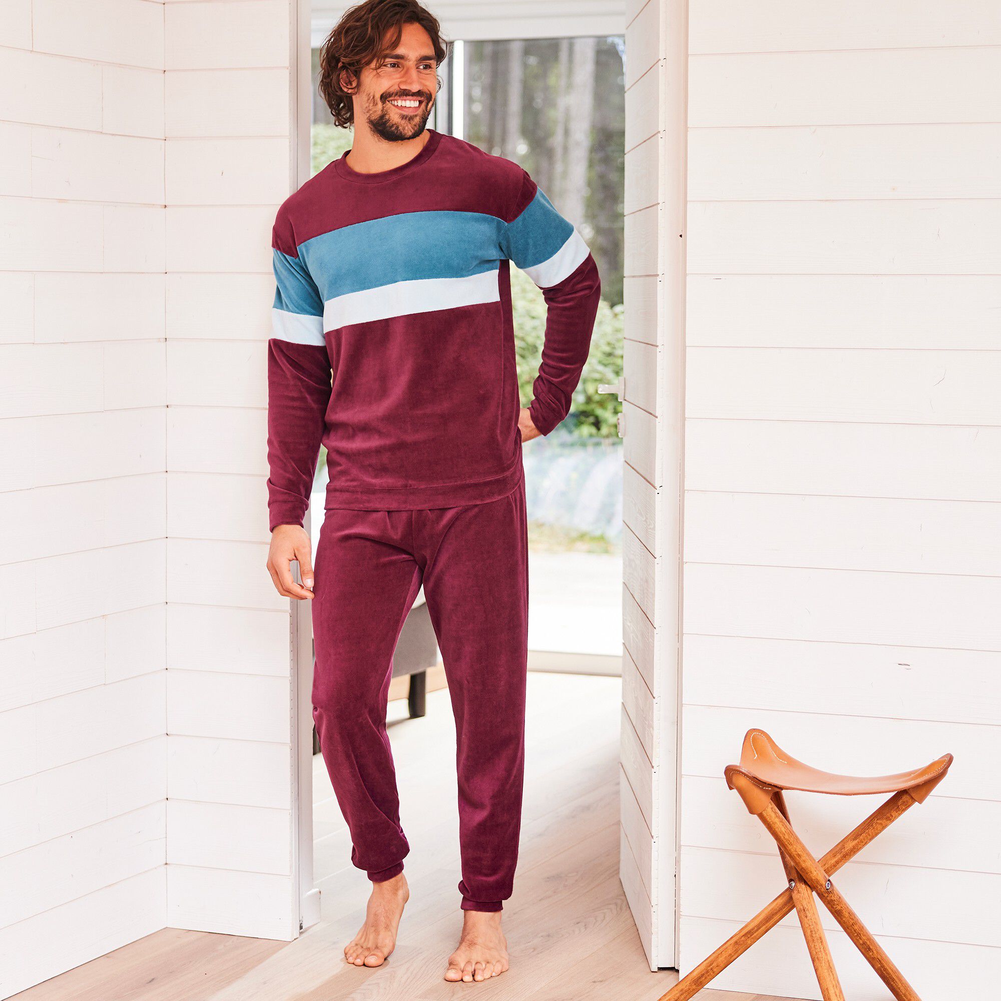 Pyjama tricolore velours manches longues