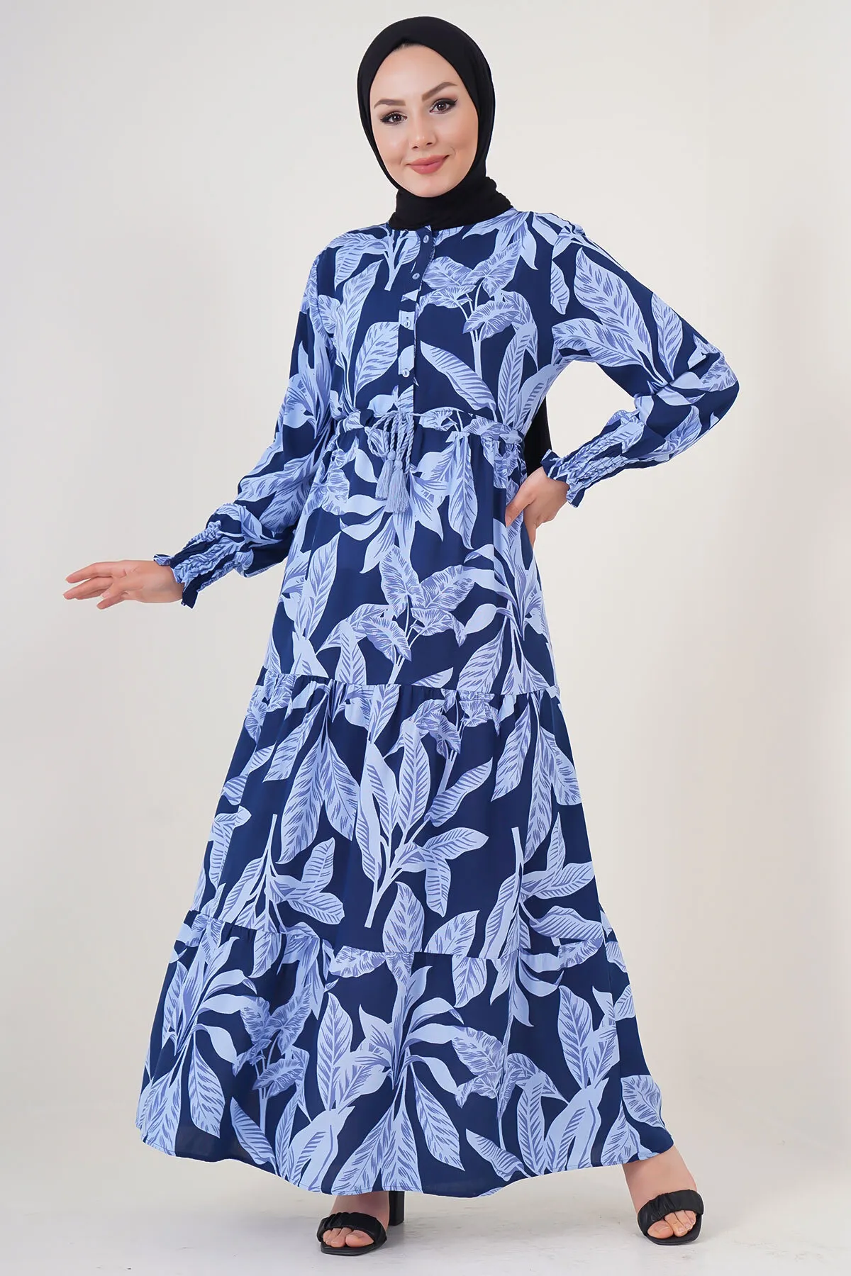Bigdart  2145 Gemustertes Hijab-Kleid – Marineblau