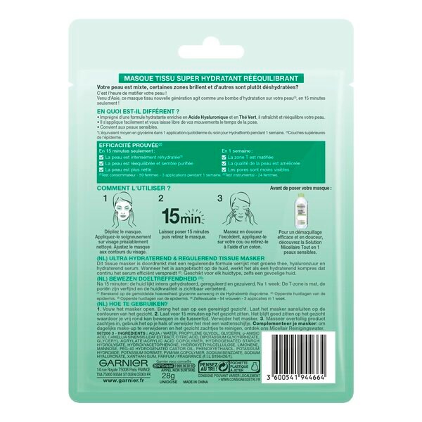 Masque en tissu au thé vert Garnier SkinActive Hydra Bomb 32 g - Peaux normales à mixtes