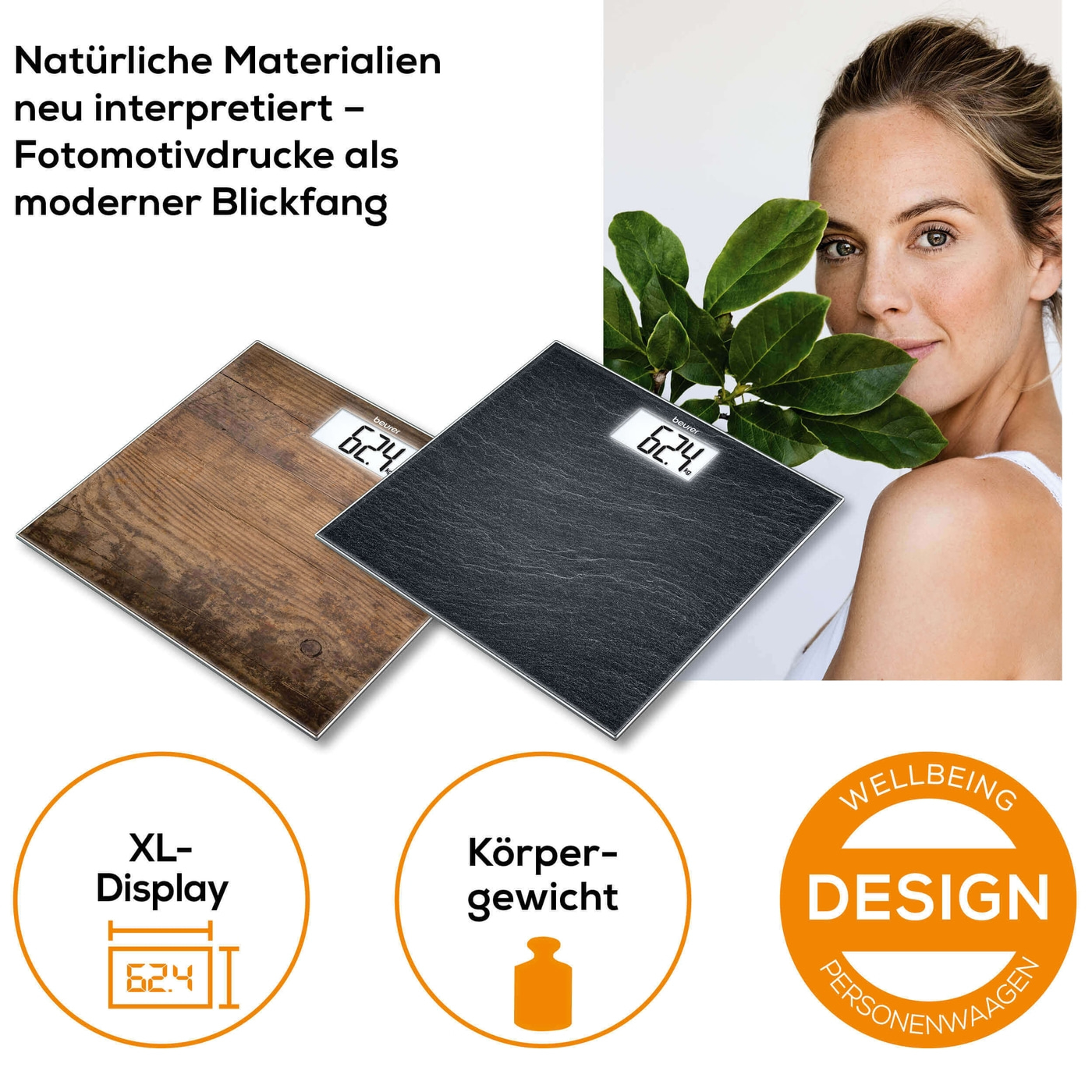 Beurer Glaswaage GS 203 Wood-Personenwaage aus Glas mit beleuchtetem XL-Display - bis 150 kg
