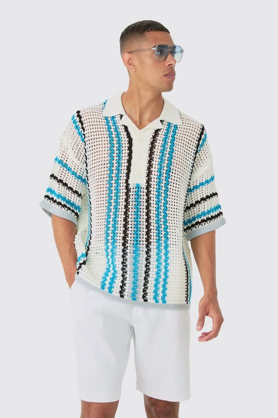 Oversize Strick-Poloshirt mit Streifen