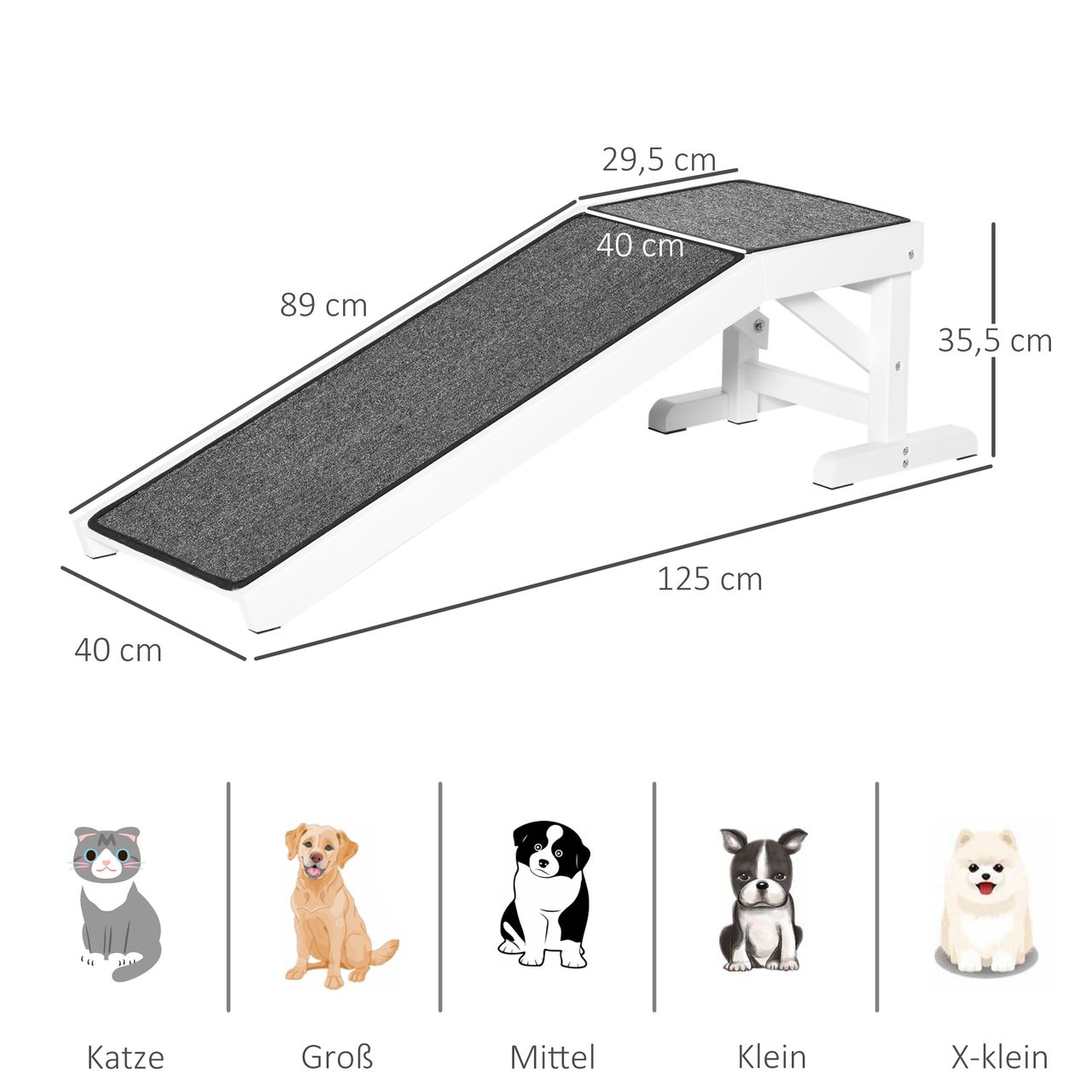 PawHut Haustierrampe mit rutschfestem Teppich Haustierleiter Hunderampe für Hund bis 30 kg Kiefernholz Polyester Weiß Grau 125 x 40 x 35,5 cm