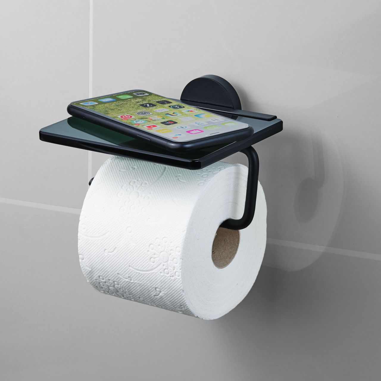 Weles AMARE Luxus WC-Rollenhalter mit Glasablage - Schwarz, 13,8 x 16 x 11,5 cm