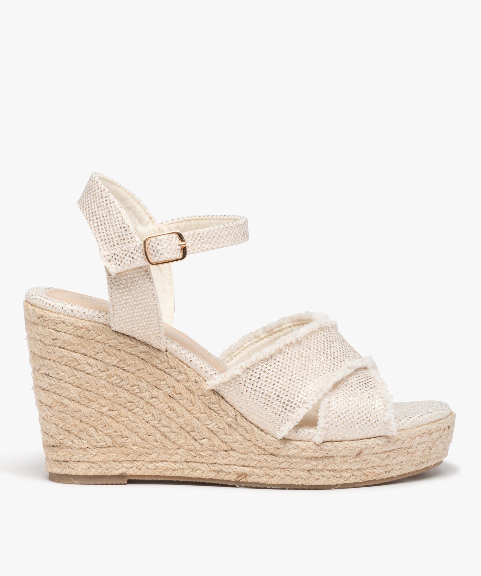 Sandales femme compensées dessus en toile brillante beige | GEMO