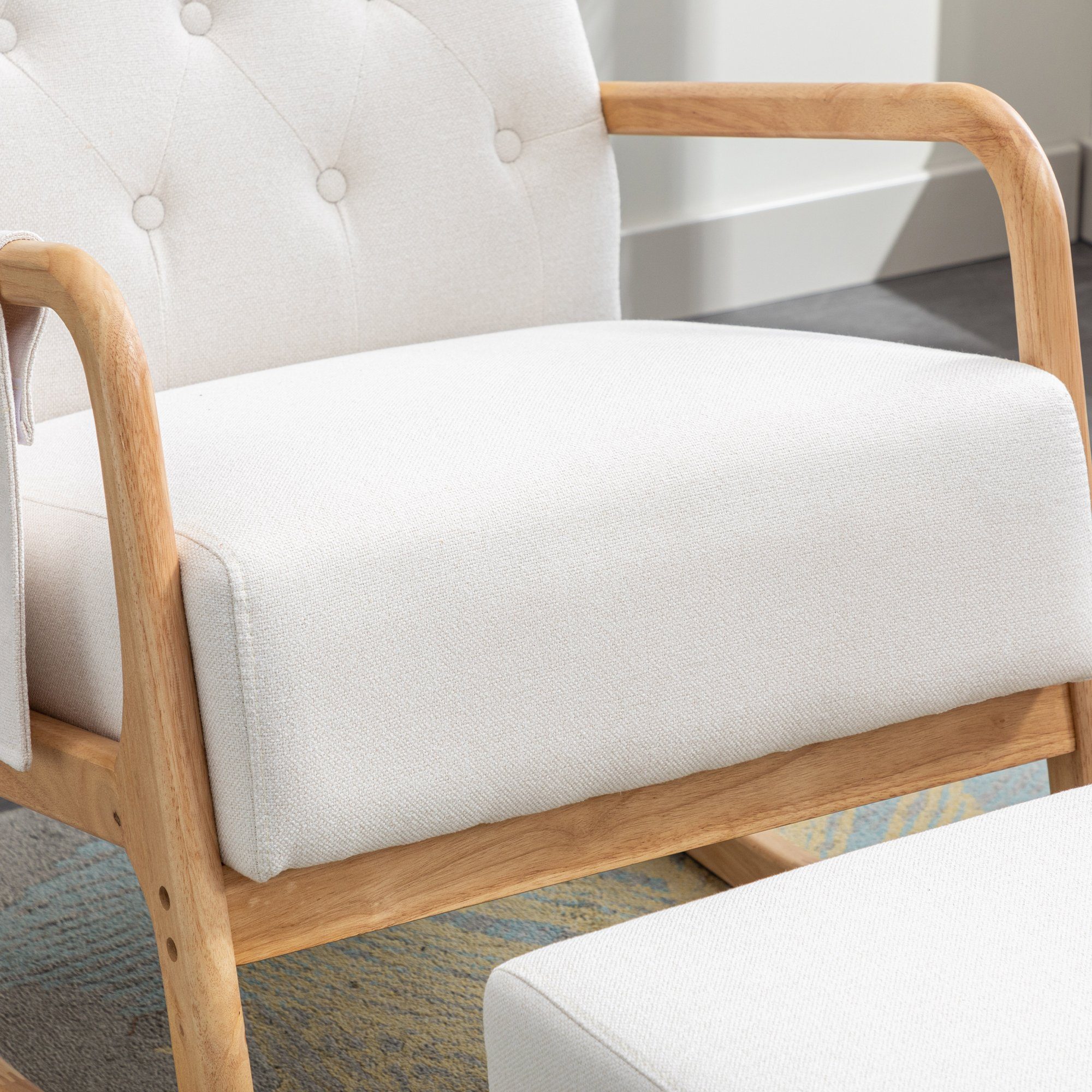 WISHDOR Relaxsessel Schaukelstuhl Relaxsessel Schaukelsessel, Relaxstuhl, mit Hocker (Leinen, Mit Seitentaschen, mit Hocker), Kissen und Rückenlehne integriertes Design