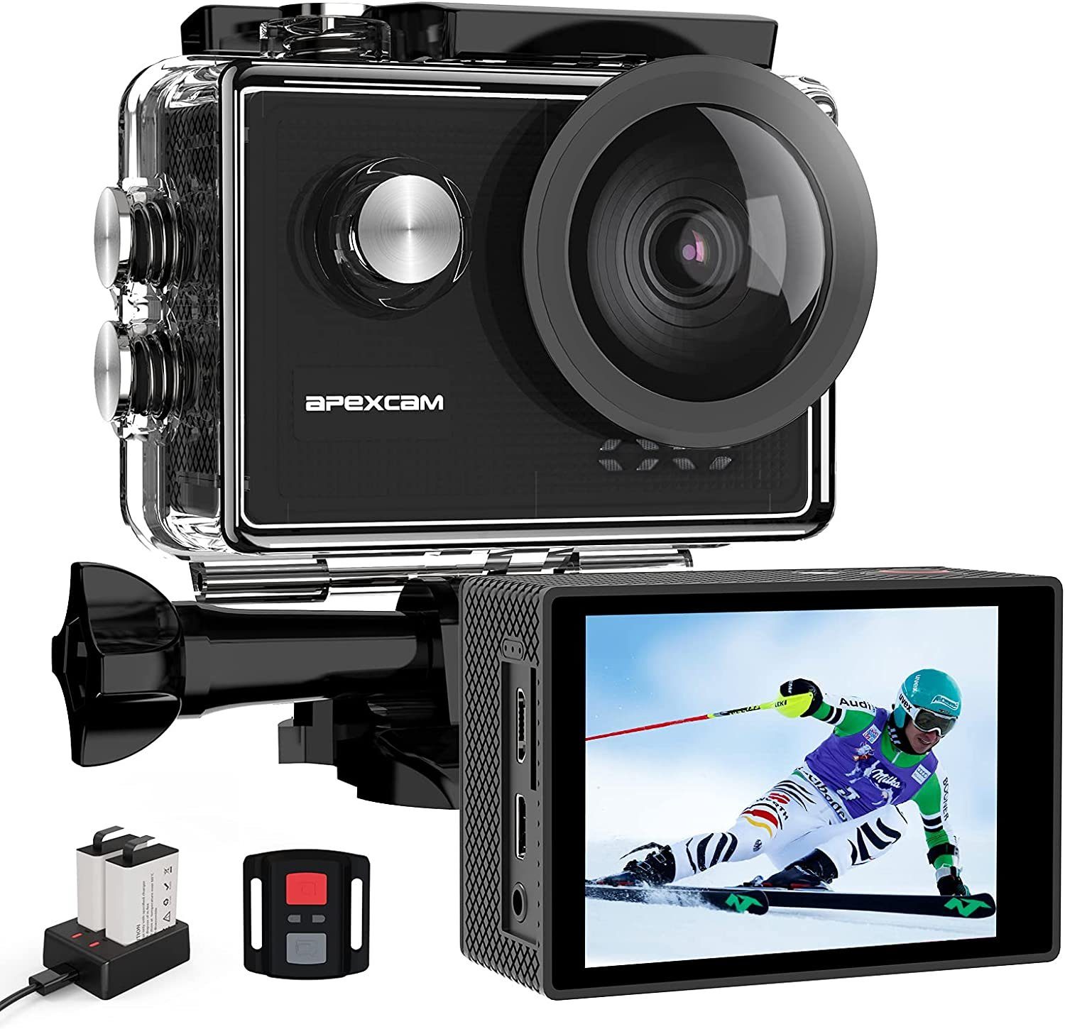 Apexcam X60 Pro Action Cam (1080p, 4K, WLAN (Wi-Fi), 8x opt. Zoom, mit Tasche, zwei Akkus, zwei Ladegeräten, Unterwasserkamera, Fernbedienung, Externes Mikrofon)