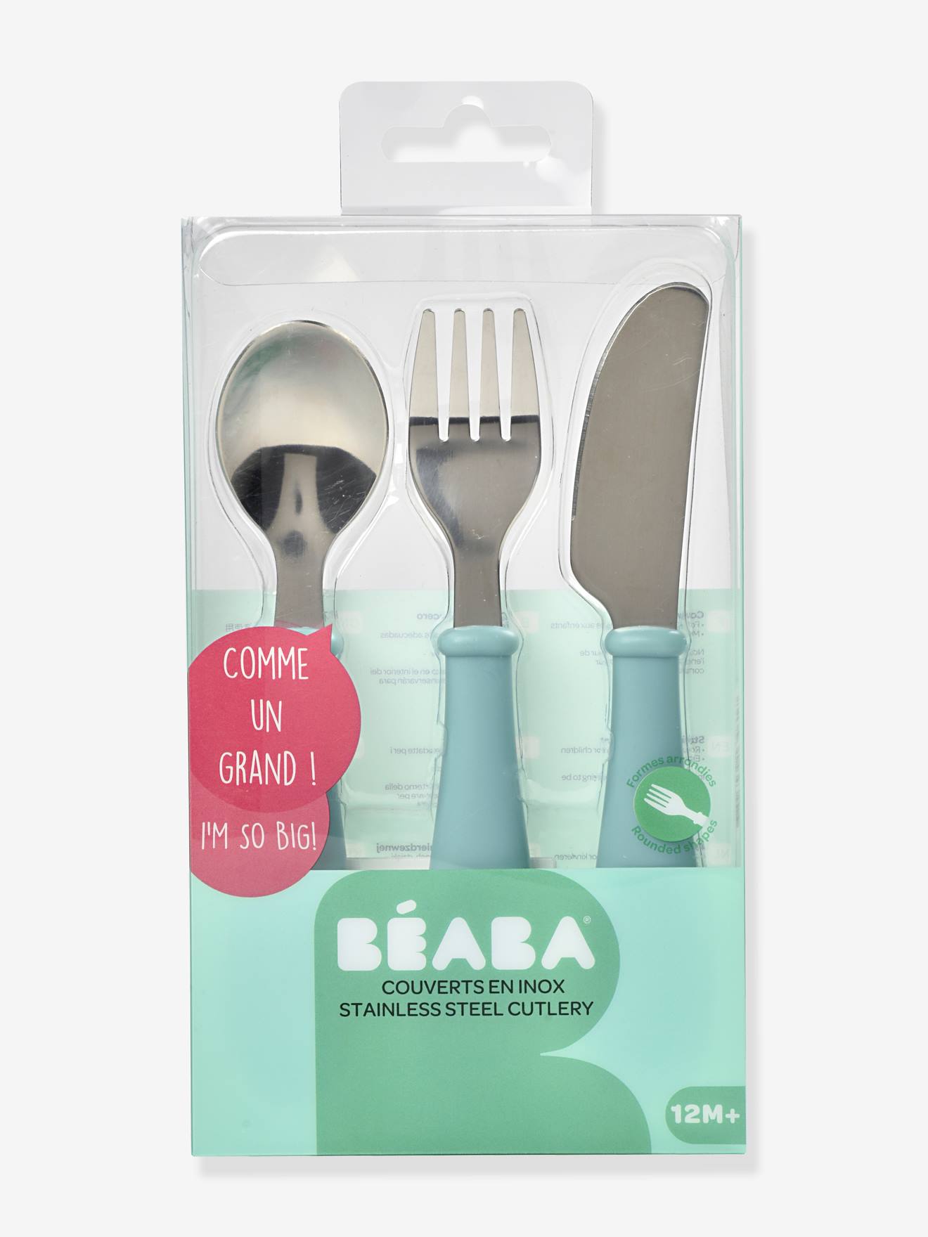 Set 3 couverts d'apprentissage inox BEABA airy green