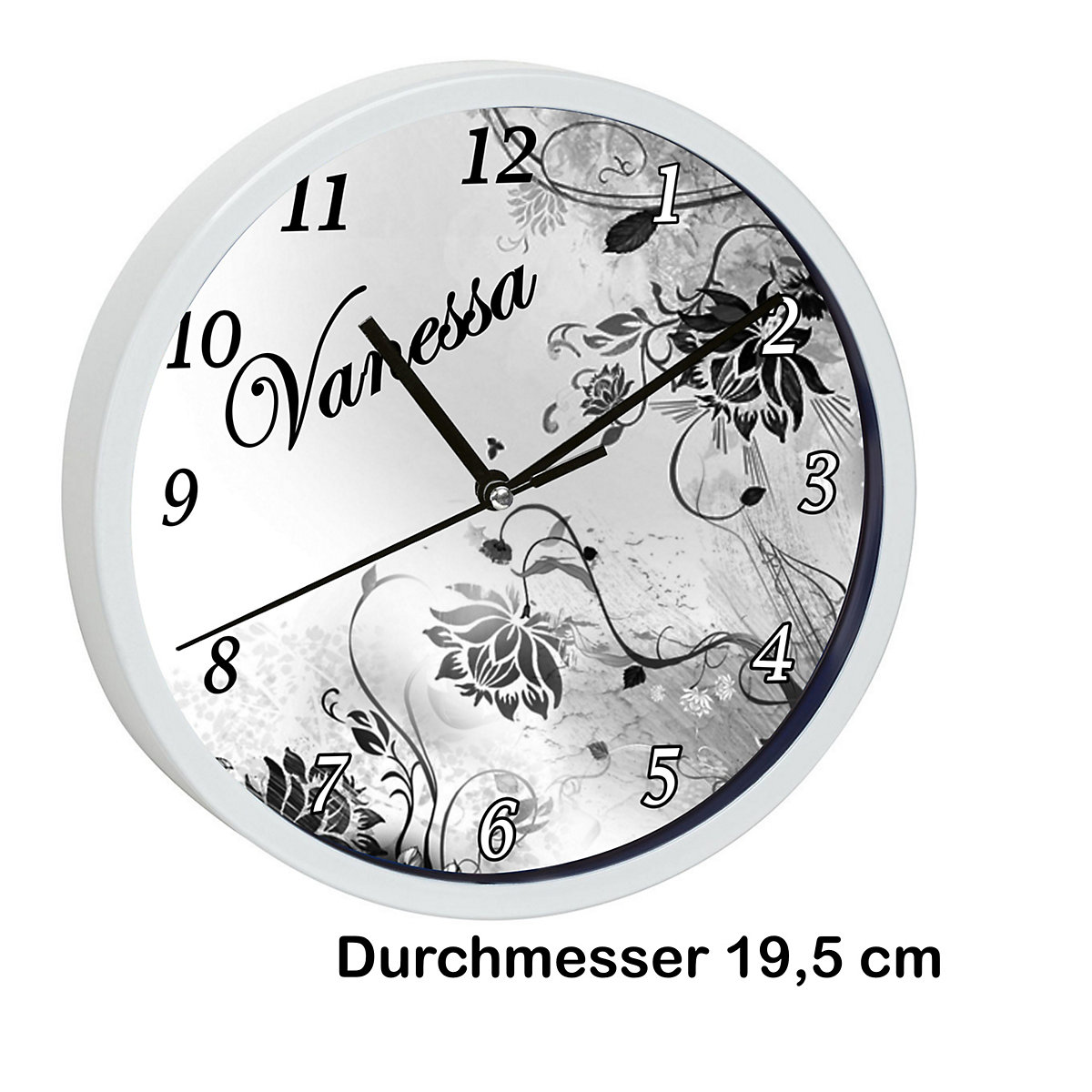 Kinder Wanduhr laufruhig personalisiert mit Name Blumenranke Schwarz