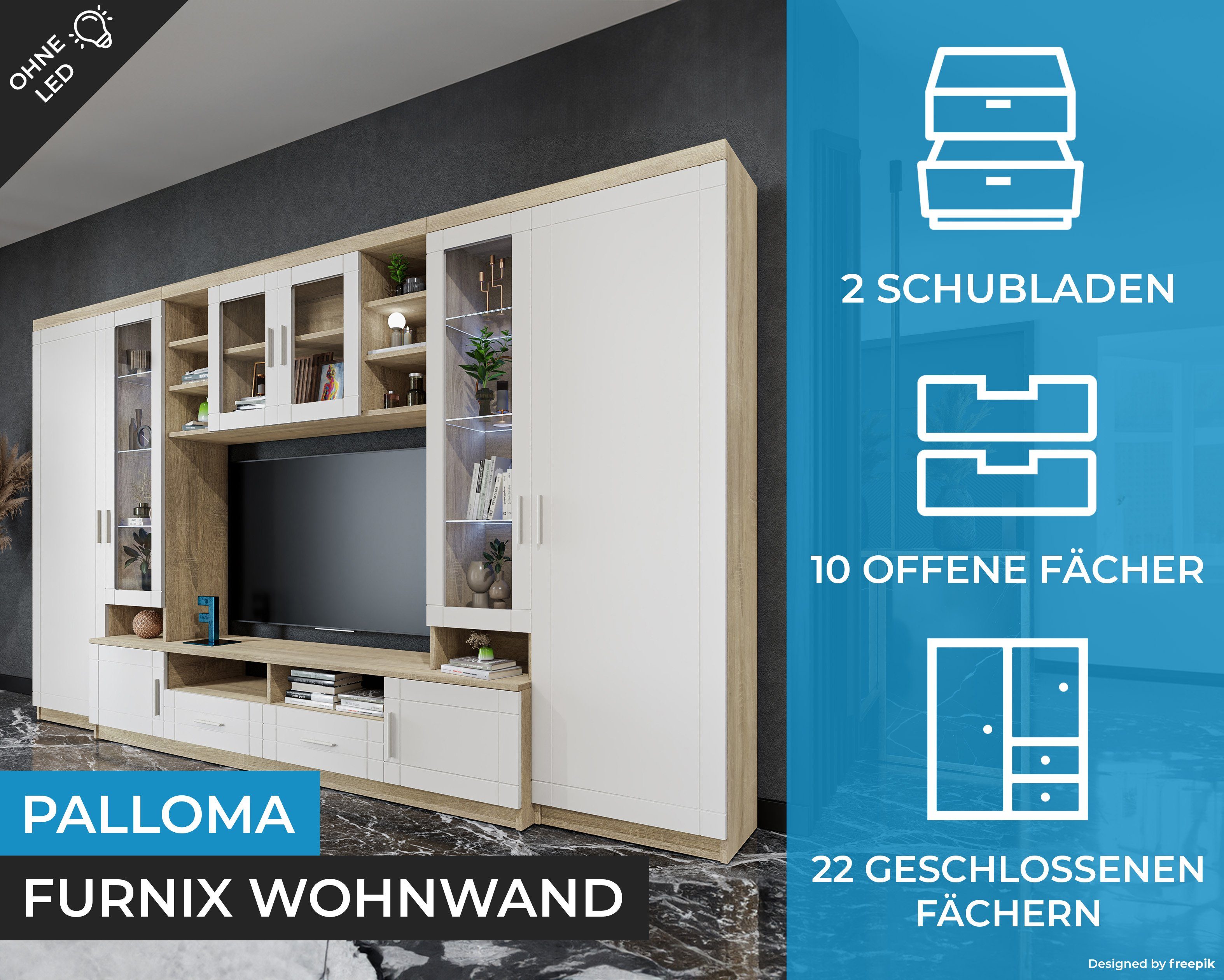 Furnix Wohnwand PALLOMA Schrankwand multifunktionell, 2 Hochschränke, TV-Schrank, Hängeschrank, B340 x H198 x T44 cm