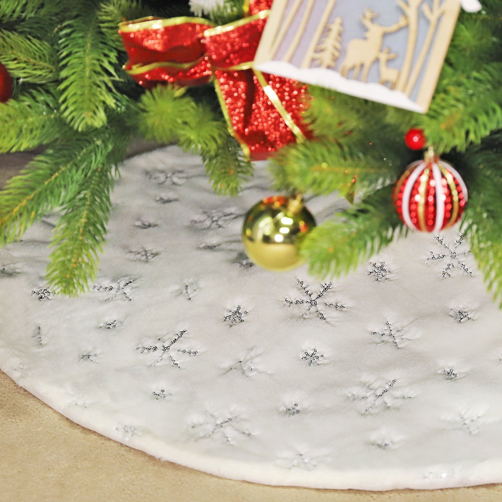 Salcar Weihnachtsbaumdecke Baumteppich Weihnachten Christbaumdecke Plüsch mit Schneeflocken, Weihnachtsdekoration, Weihnachtsbaumdecke mit silberfarbenen Deko