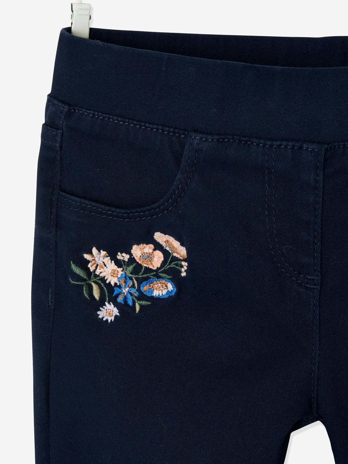 Tregging couleur brodé fleurs fille encre