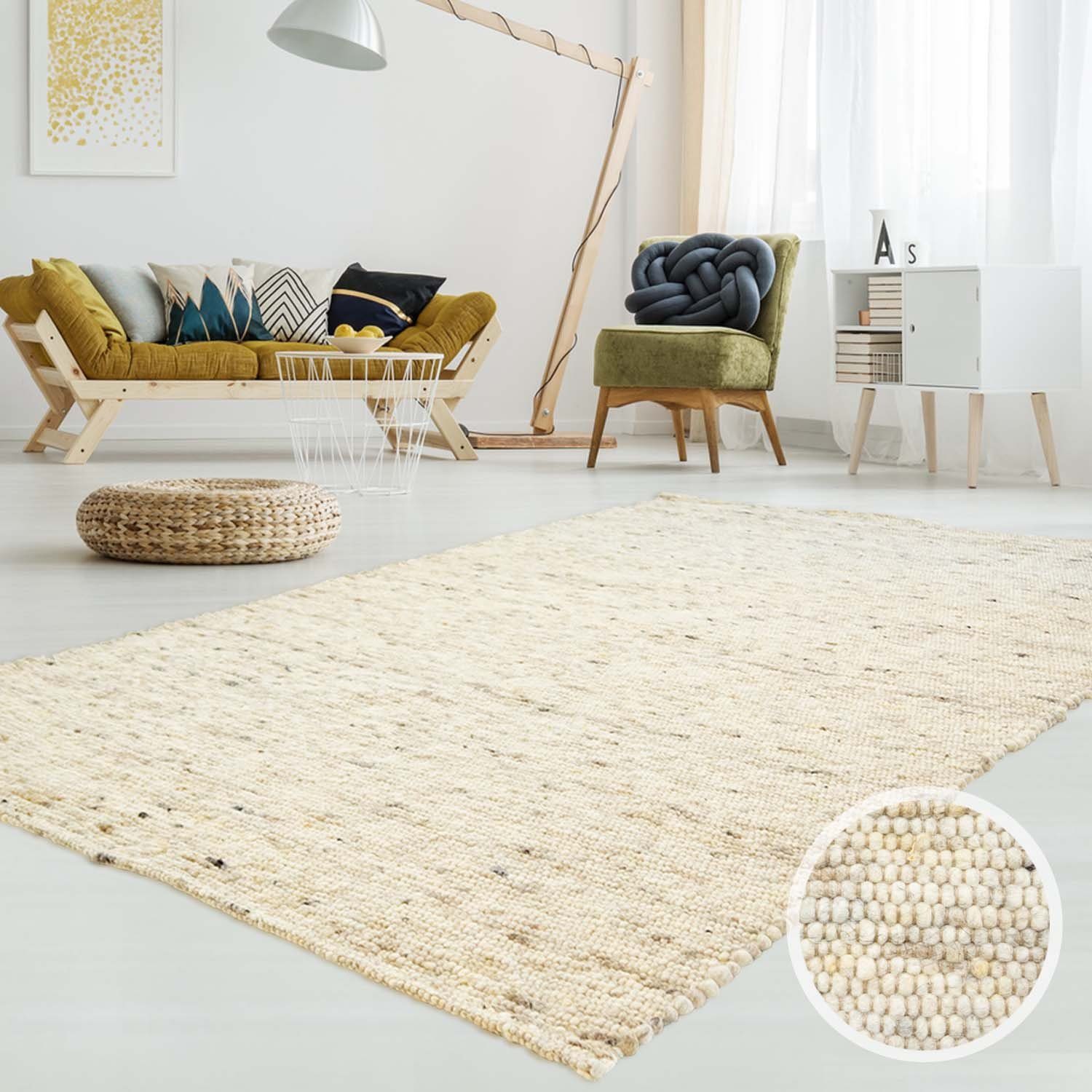 Wollteppich TaraCarpet Lambrecht, TaraCarpet, rechteckig, Höhe: 13 mm, Hand-Web-Teppich beige gewalkt Wohnzimmer Esszimmer 060x090 cm