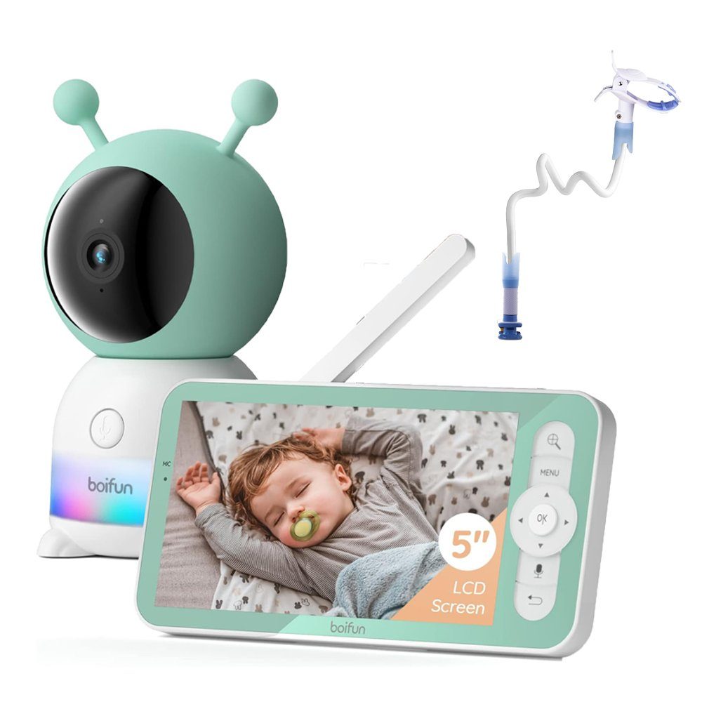 Boifun Babyphone 2K 3MP Video-Babyphone Babyphone mit Kamera 5-Zoll-LCD-Bildschirm, 2K HD-Bild, PT 355°/60°, 4-Fach Zoom, Weinen/Bewegung/Geräuscherkennung, automatische Verfolgung, Temperatur- und Luftfeuchtigkeitsmessung, Baby Monitor Halterung