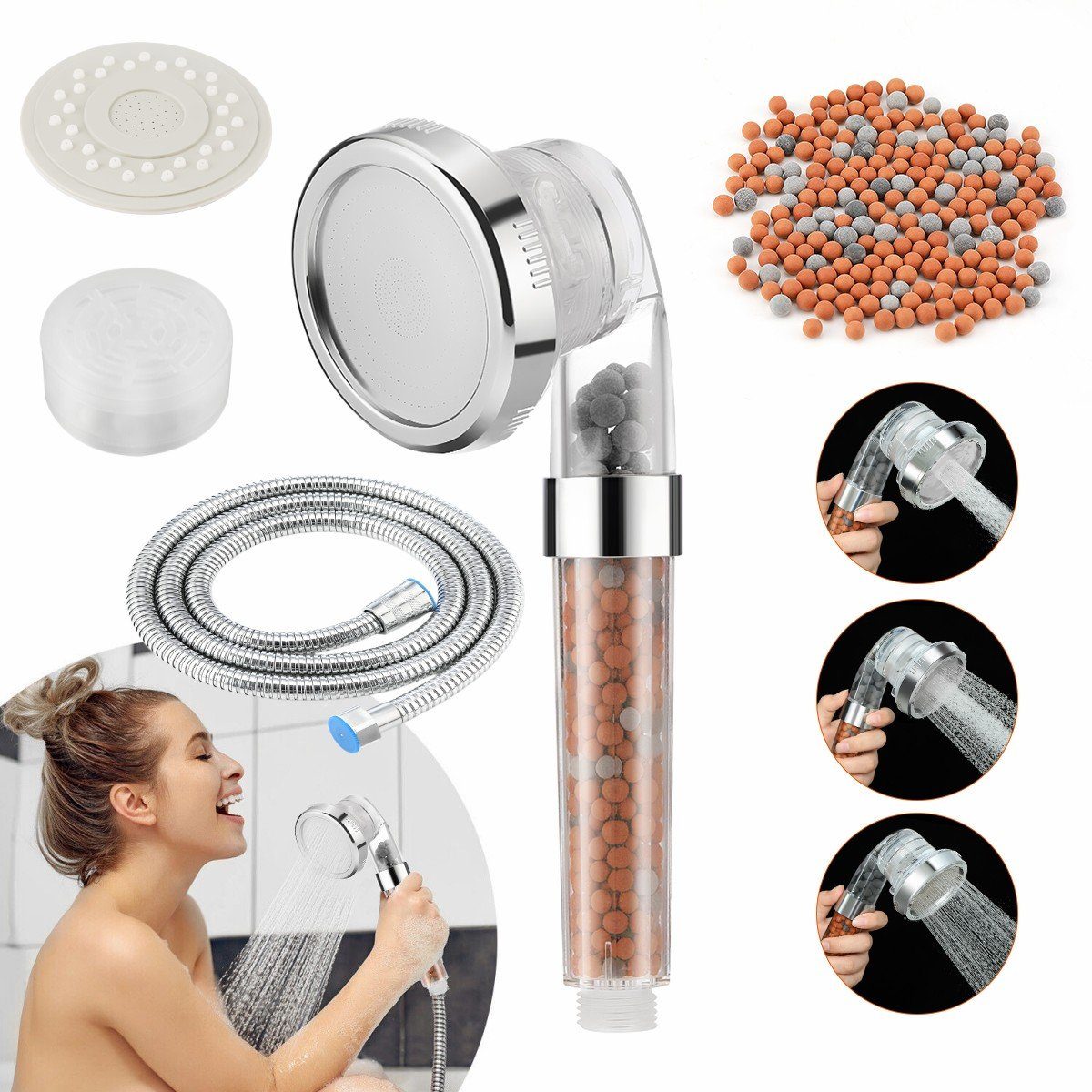 iscooter Handbrause Duschkopf Wassersparend, mit 3 Strahlarten, mit 3-Lagen-Filtration, (Set), mit Öko Ionen Filter Mineralsteinen, Druckerhöhend, Schlauch 1,5M