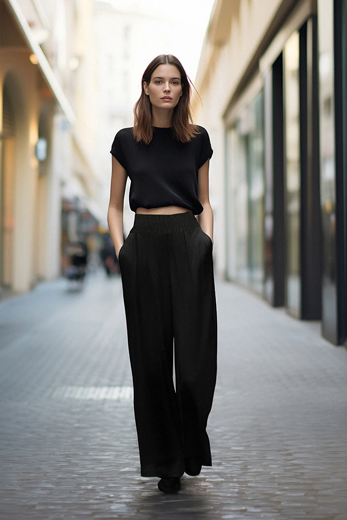 Trendyol Collection  Schwarze Webhose mit weitem Bein und elastischem Bund TWOSS22PL00024