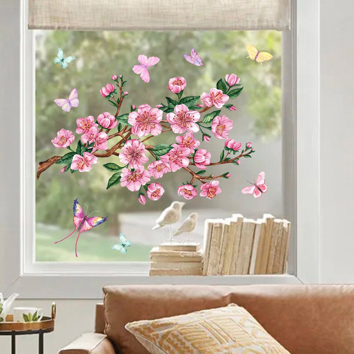 Fenstersticker Zweig-Pfirsichblüten-Schmetterlings-Fensteraufkleber, Aatrx