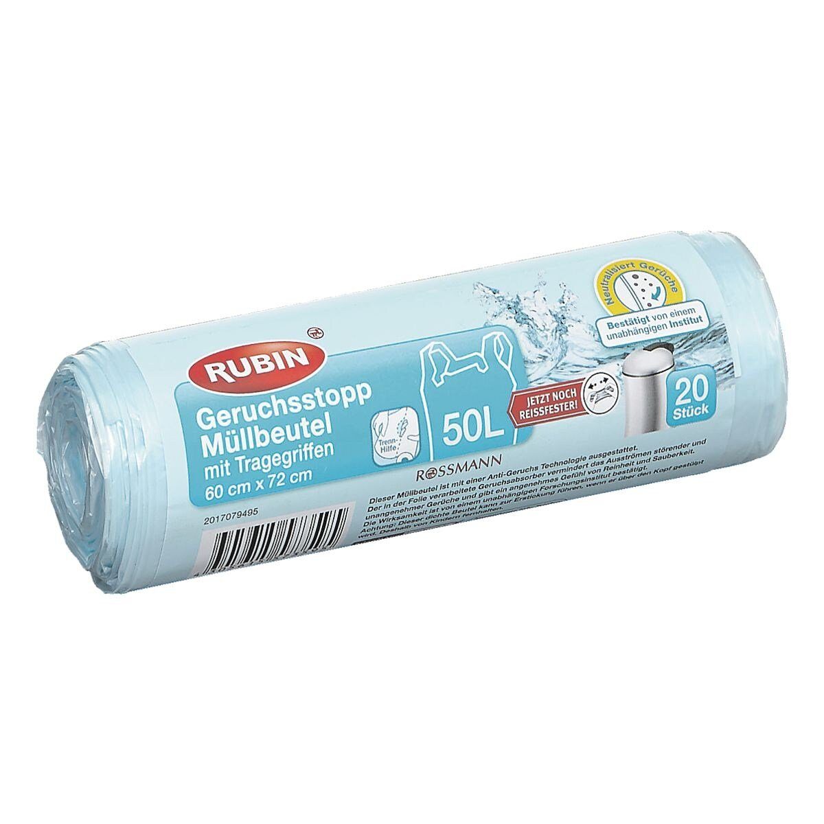 RUBIN Müllbeutel, 20 Stück/Rolle, mit Tragegriff, 50 Liter, blau-transparent