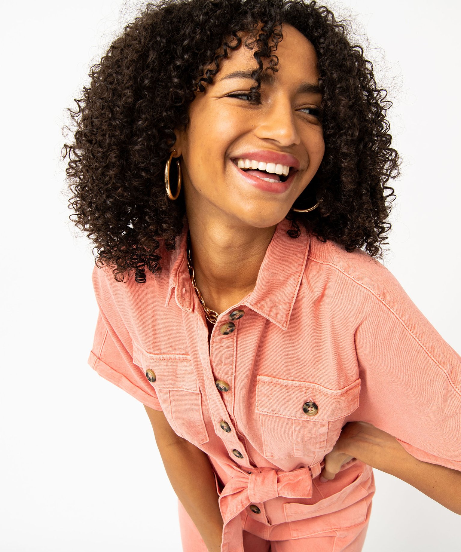 Combishort en toile denim à manches courtes femme orange | GEMO