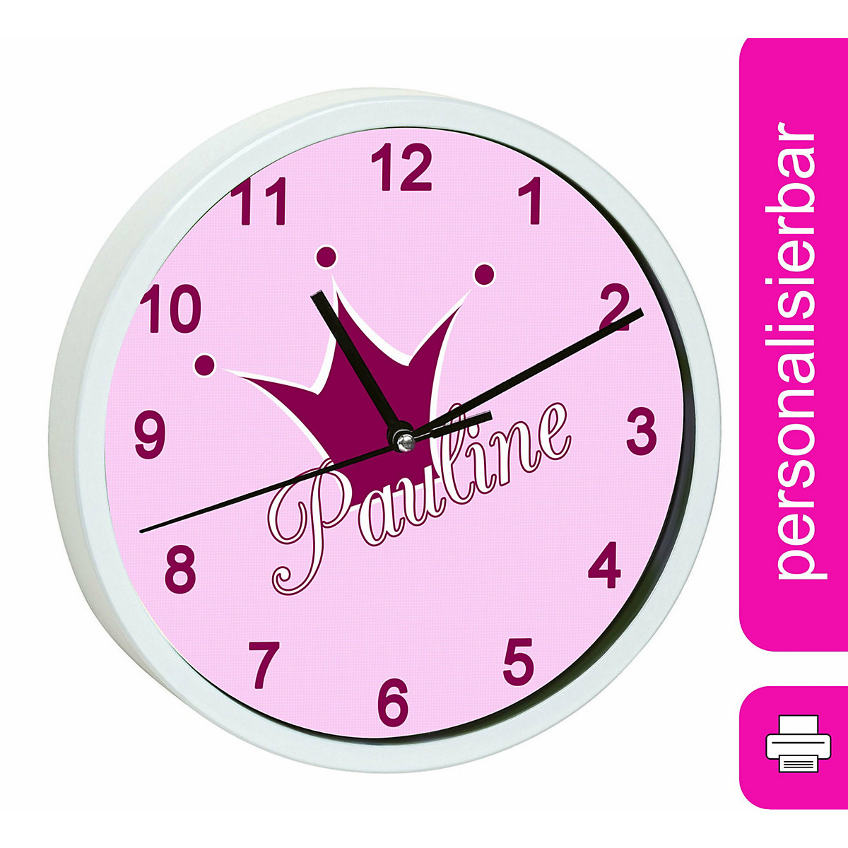 Kinder Wanduhr laufruhig personalisiert mit Name Krone rosa