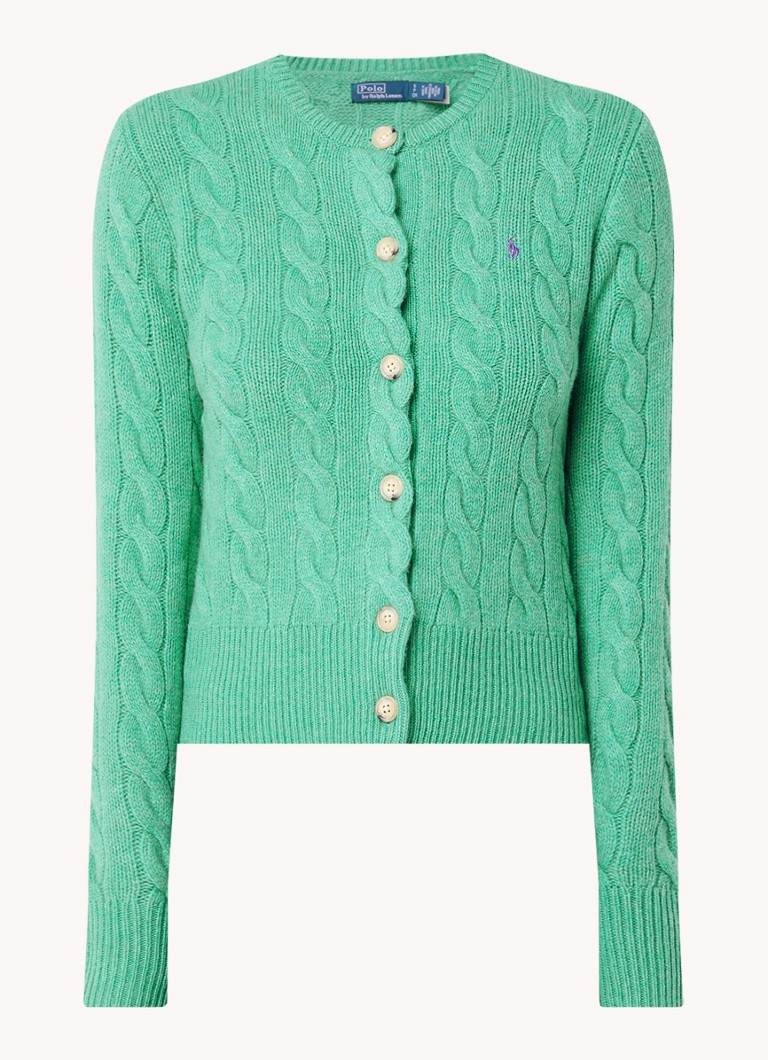 Cardigan tricotat cu împletituri din cașmir, de la Ralph Lauren.