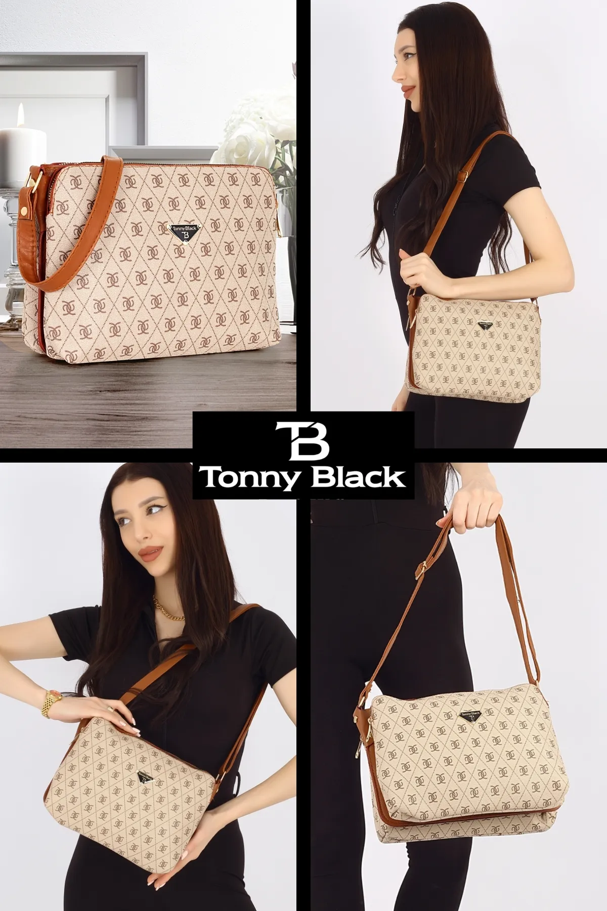 Tonny Black  Original Damen-Umhängetasche mit Reißverschluss und 3 Fächern aus weichem Leder, stilvolles Modell mit verstellbarem Kreuzriemen