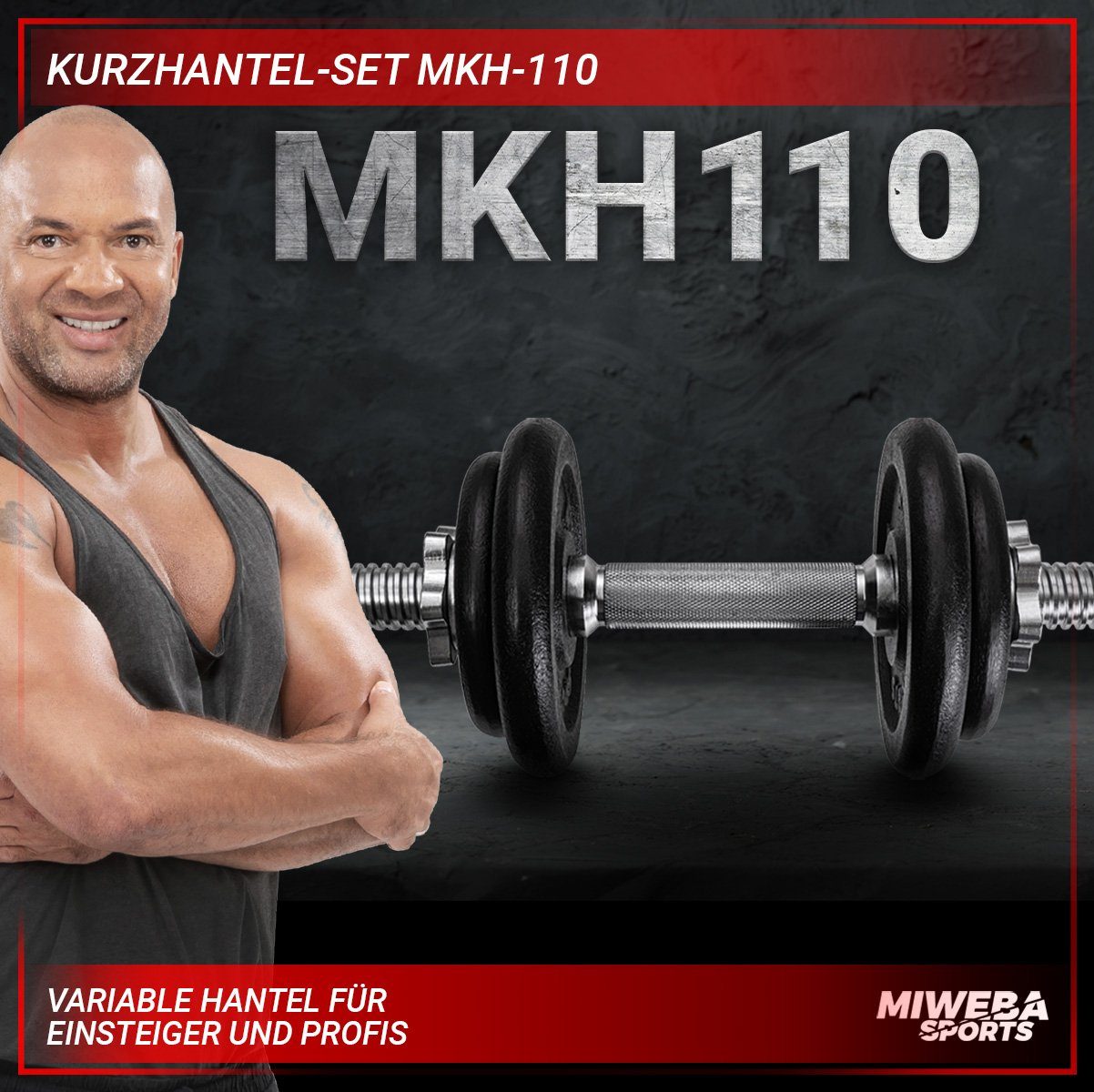 Miweba Sports Hantel-Set Profi Fitness Kurzhantel MKH110, (Einzelhantel 1x 10 kg, Stange mit 30 mm Standardnorm, rutschfest mit Sternverschluss, Hantelstange aus Stahl, kreuzgerändelt, 2x Hantelscheiben 2,5 kg & 1.25 kg, Krafttraining, Muskelaufbau,