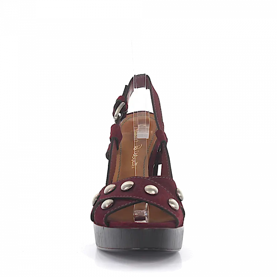 Rossano Bisconti - Plateausandalen Glattleder Holz Veloursleder Nieten bordeaux - grau