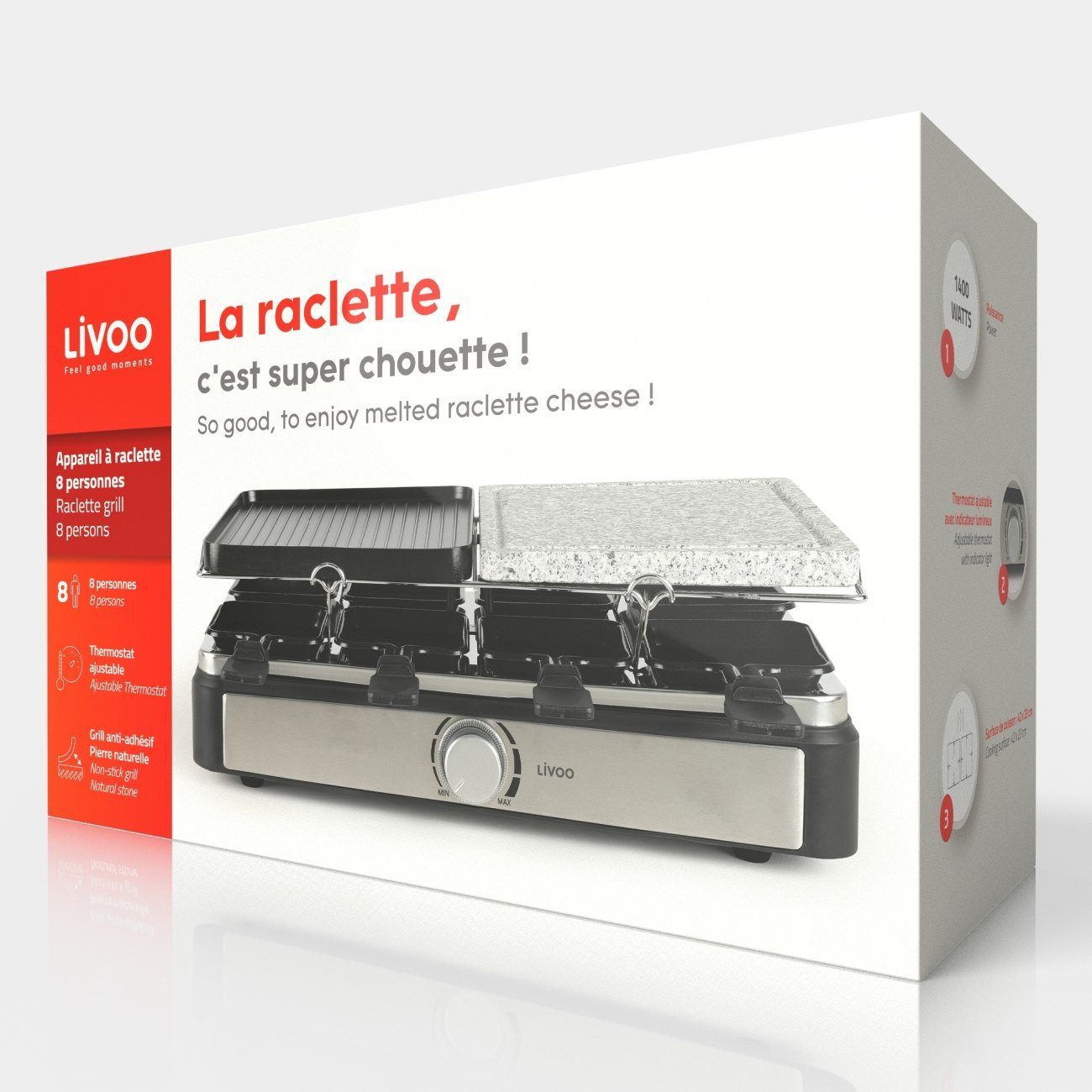 LIVOO Raclette LIVOO Raclette Grill für 8 Personen Tischgrill Raclettegrill DOC258, 8 Raclettepfännchen, 1400,00 W, Raclettepfännchen, Holzspatel, 2 abnehmbare Grillplatten, Drehregler